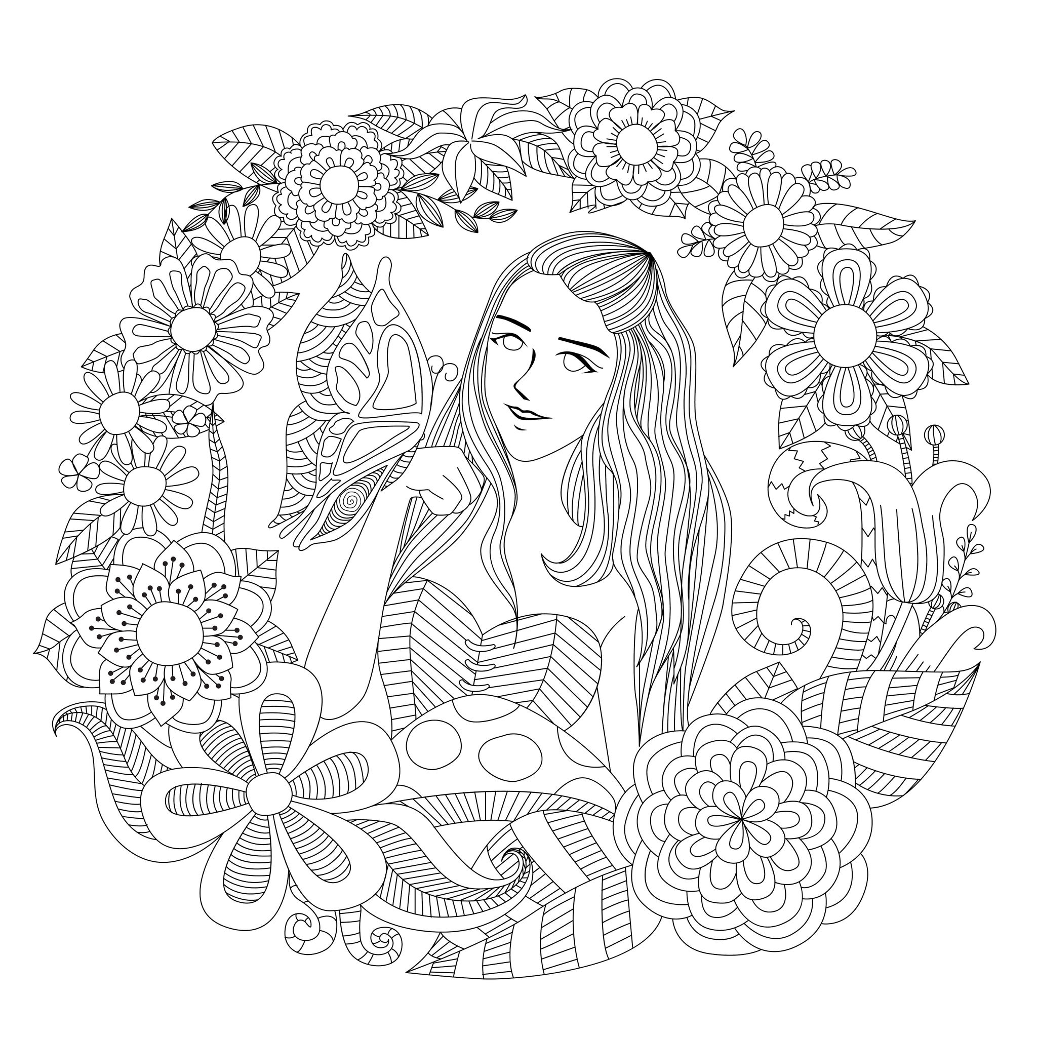 La fille au papillon, un fantastique coloriage fleuri, Artiste : Bimdeedee   Source : 123rf