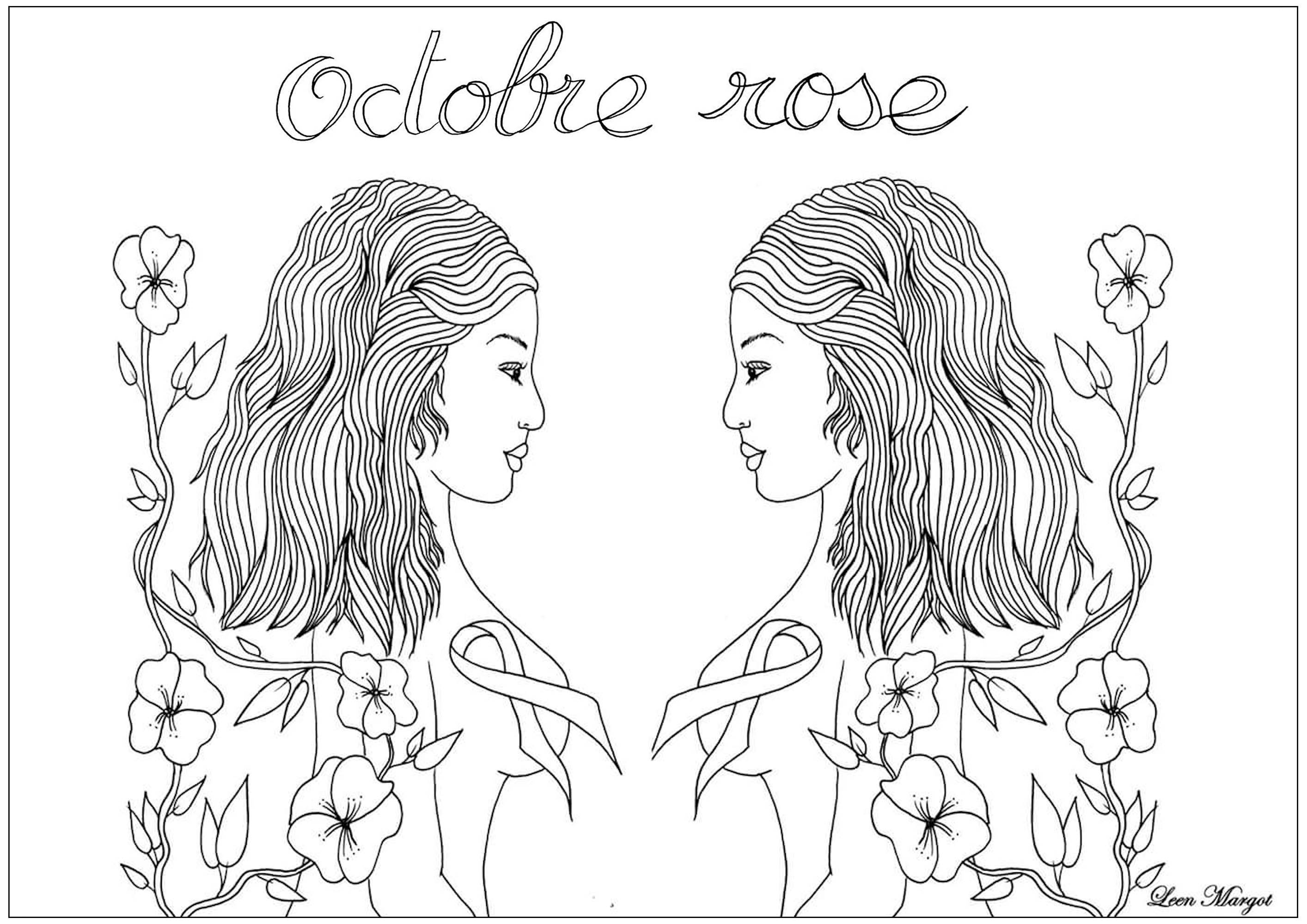 Coloriage exclusif créé pour Octobre rose : Mois de sensibilisation au dépistage du cancer du sein (Version 2), Artiste : Leen Margot