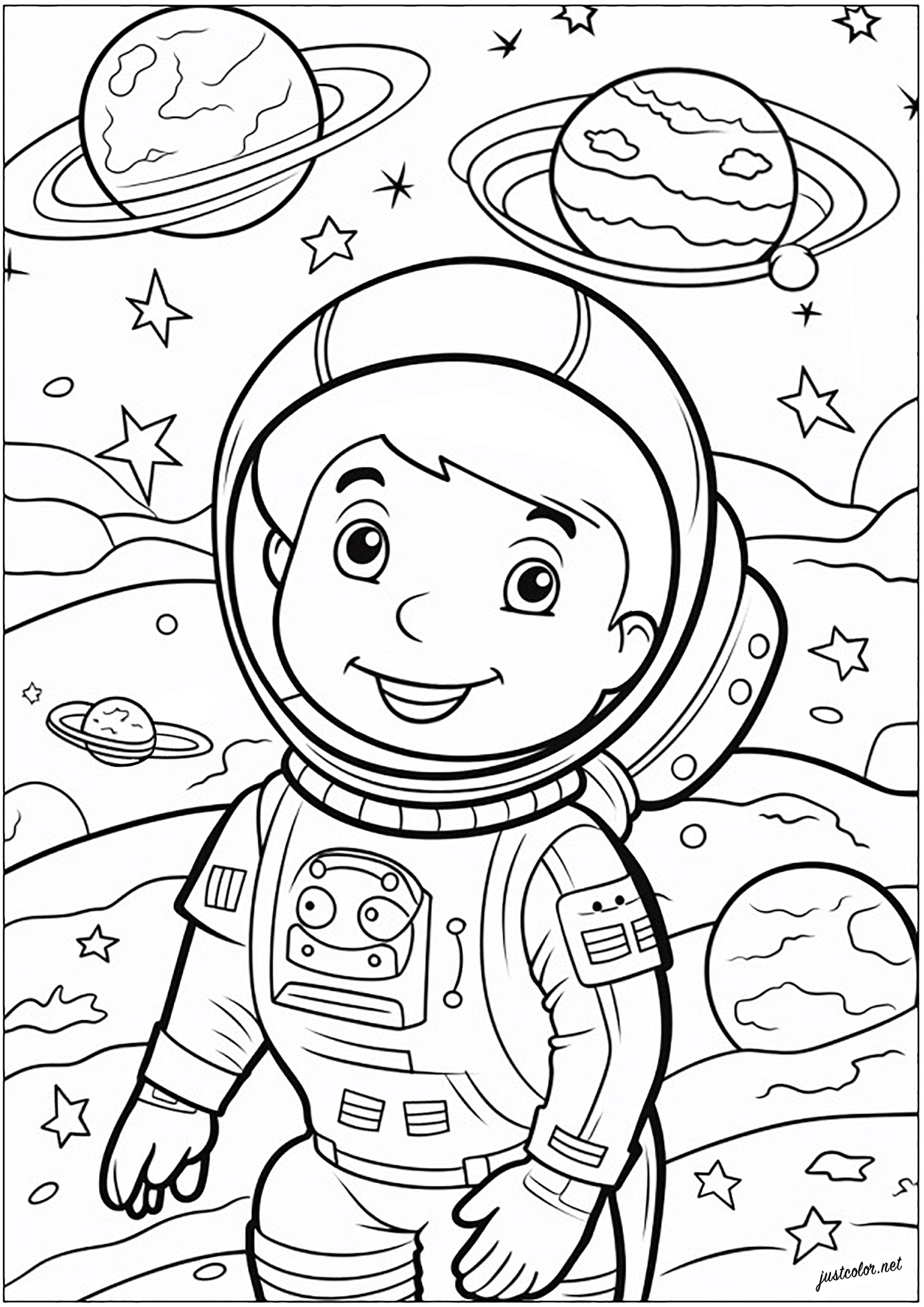 Coloriage d'un petit astronaute. Jeune astronaute représenté dans l'espace, flottant parmi les étoiles et les planètes, Artiste : IAsabelle