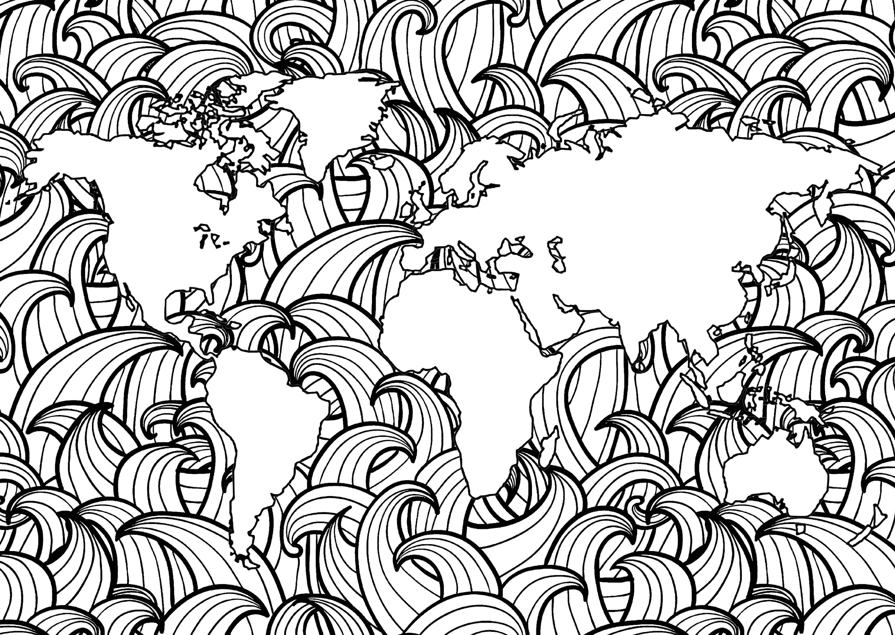 Planète Terre et Vagues - 1 (Coloriage Anti-stress à imprimer pour adultes)
