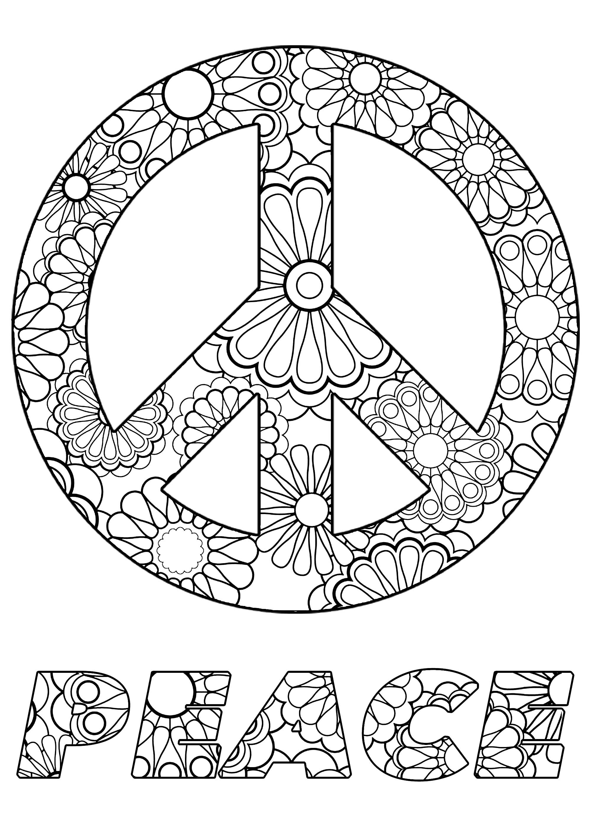 Coloriez ce symbole de la paix et le mot 'Peace', avec de jolies fleurs à l'intérieur, Artiste : Art'Isabelle