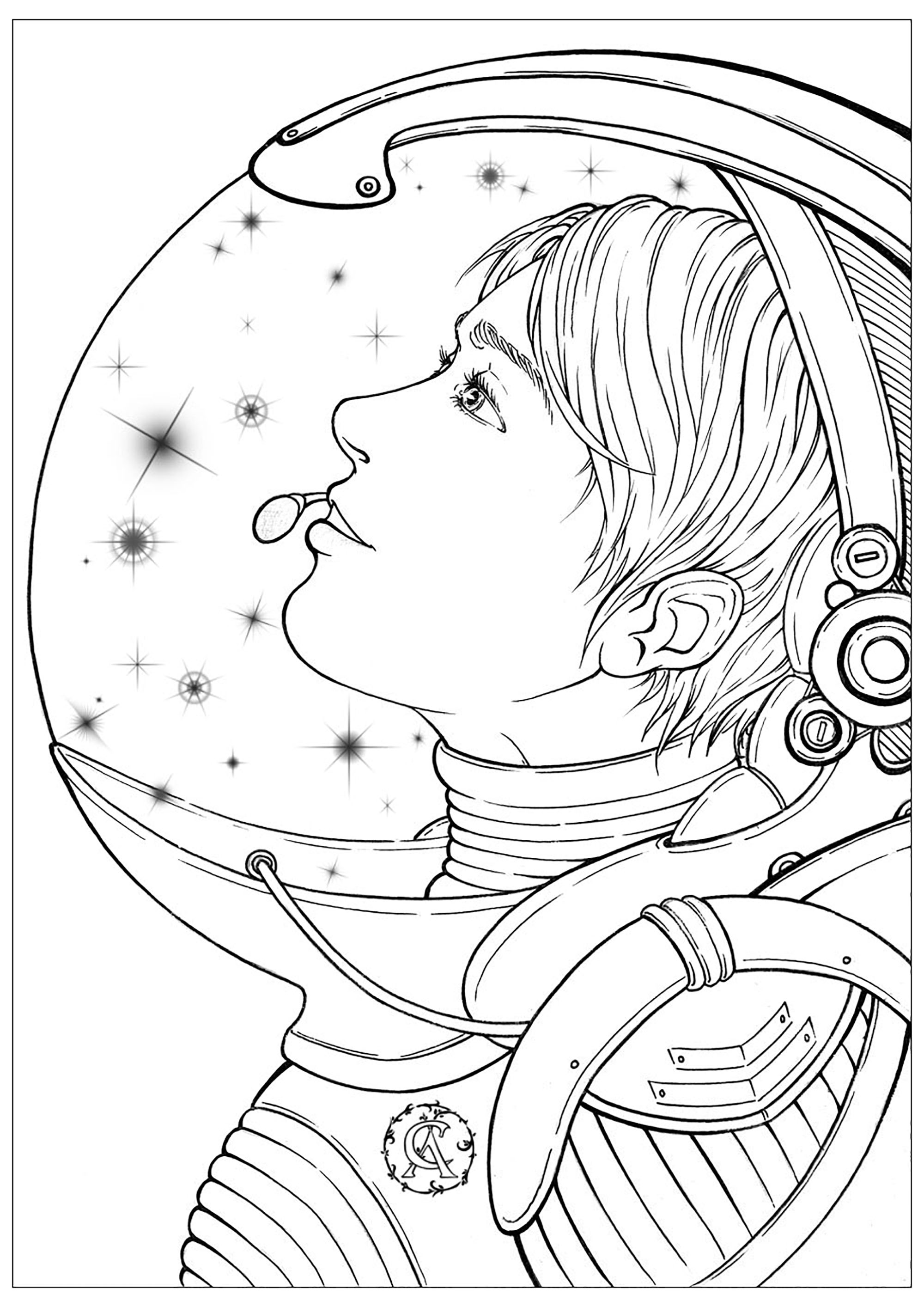 Cette astronaute en combinaison rêve des étoiles qu’elle ira explorer. Ce coloriage est une invitation à rêver et à s'évader dans les étoiles. On y voit une astronaute, de profil vêtue d'une combinaison spatiale, qui contemple le ciel étoilé. Chose étrange : les étoiles sont dans son casque !Ses yeux pétillent d'émerveillement et de rêve, elle imagine déjà les aventures qui l'attendent dans l'espace. Elle est prête à partir à la découverte des merveilles qui se cachent dans l'univers, Artiste : Asantassi