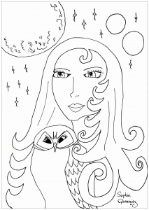 Coloriage adulte pleine lune et hibou