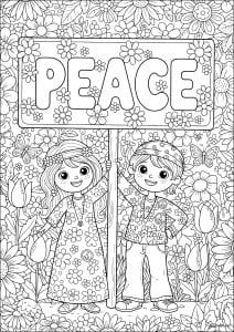 Enfants joyeux portant un panneau "PEACE" ("Paix) (Coloriage Anti-stress)