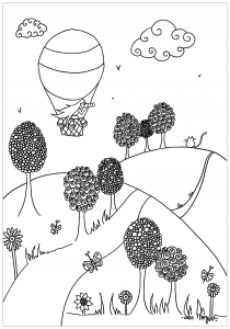 Coloriage de Leen Margot à imprimer pour adultes : Montgolfiere-au-dessus-des-plaines-par-Leen-Margot