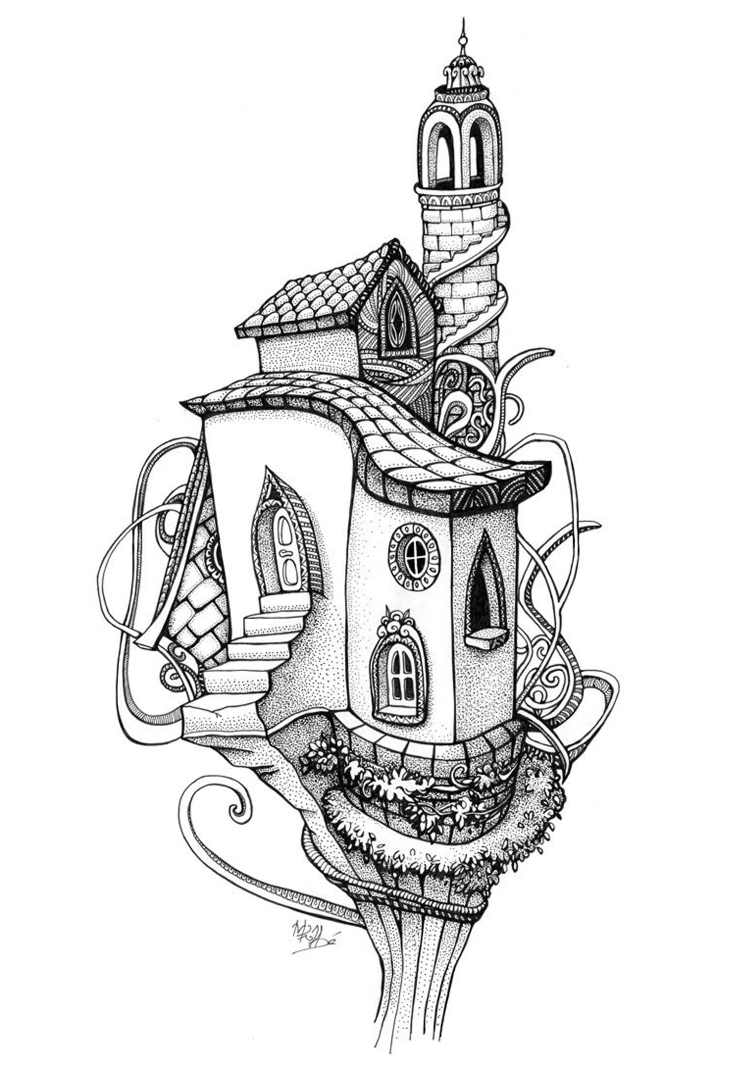 Coloriage d'une maison dans un arbre