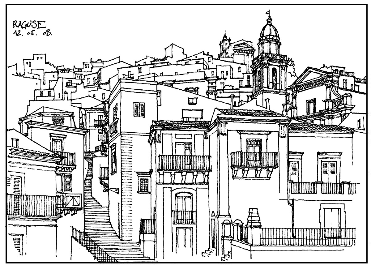 Dessin du village de Raguse en Italie