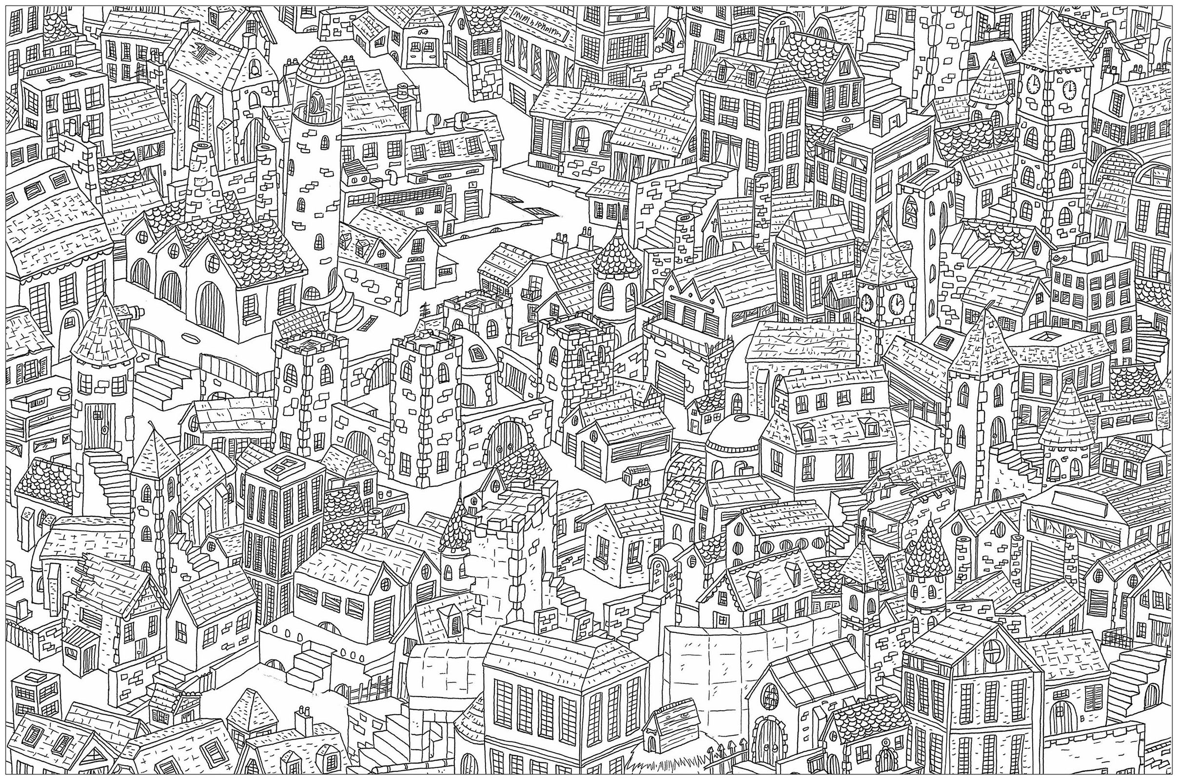 'La ville', un coloriage au style très 'Où est Charlie ?', Artiste : Frédéric Brogard