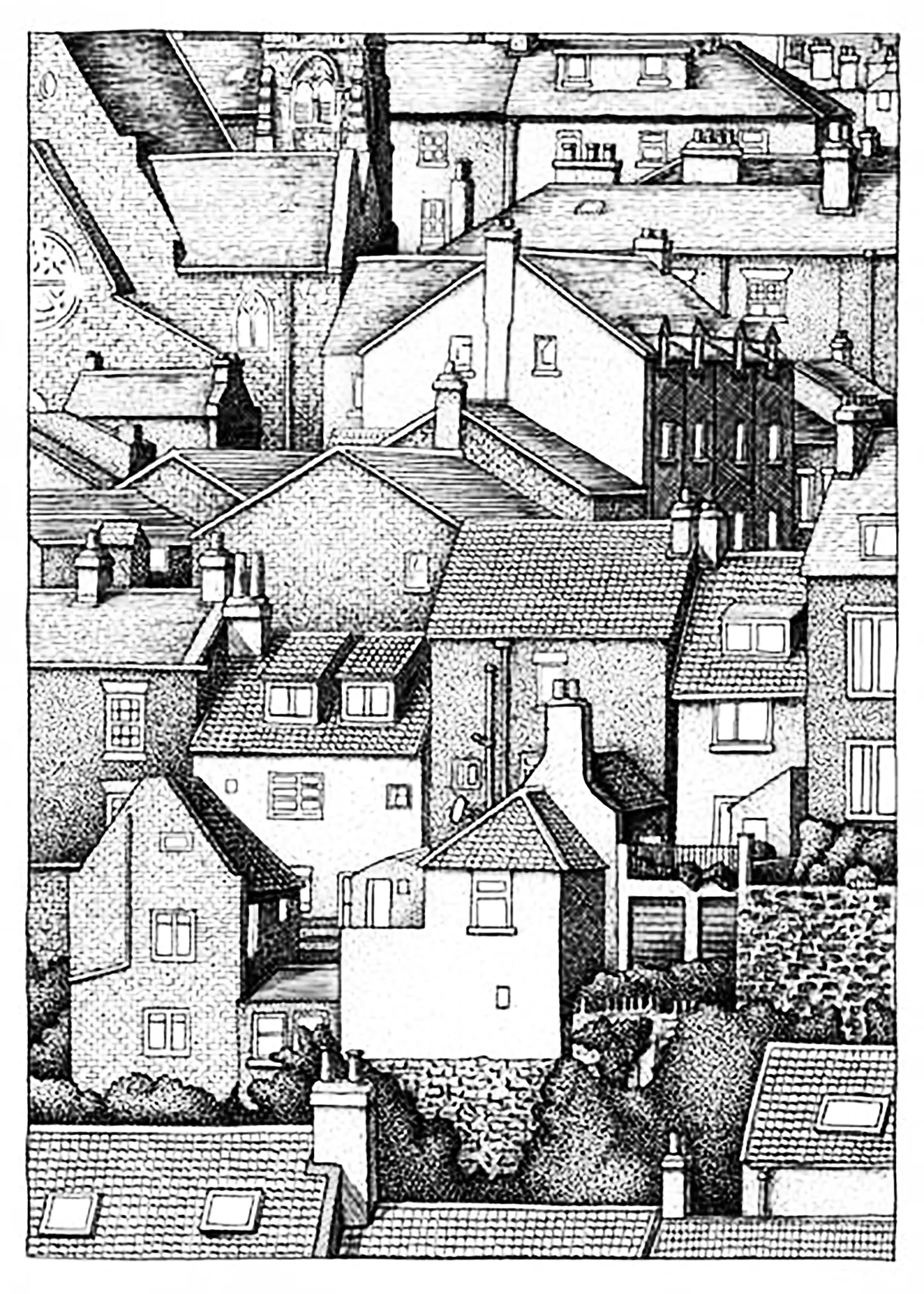 Toits village (Coloriage d'Architecture et habitation à imprimer pour adultes)
