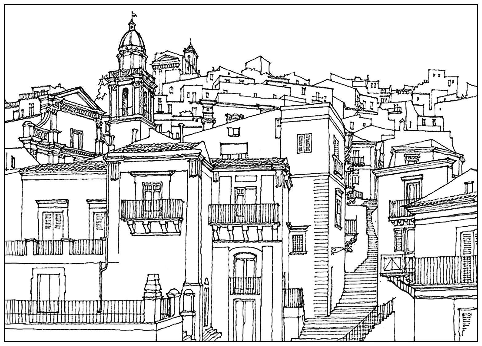 Village sicile italie (Coloriage de Pays, villes et architecture à imprimer pour adultes)