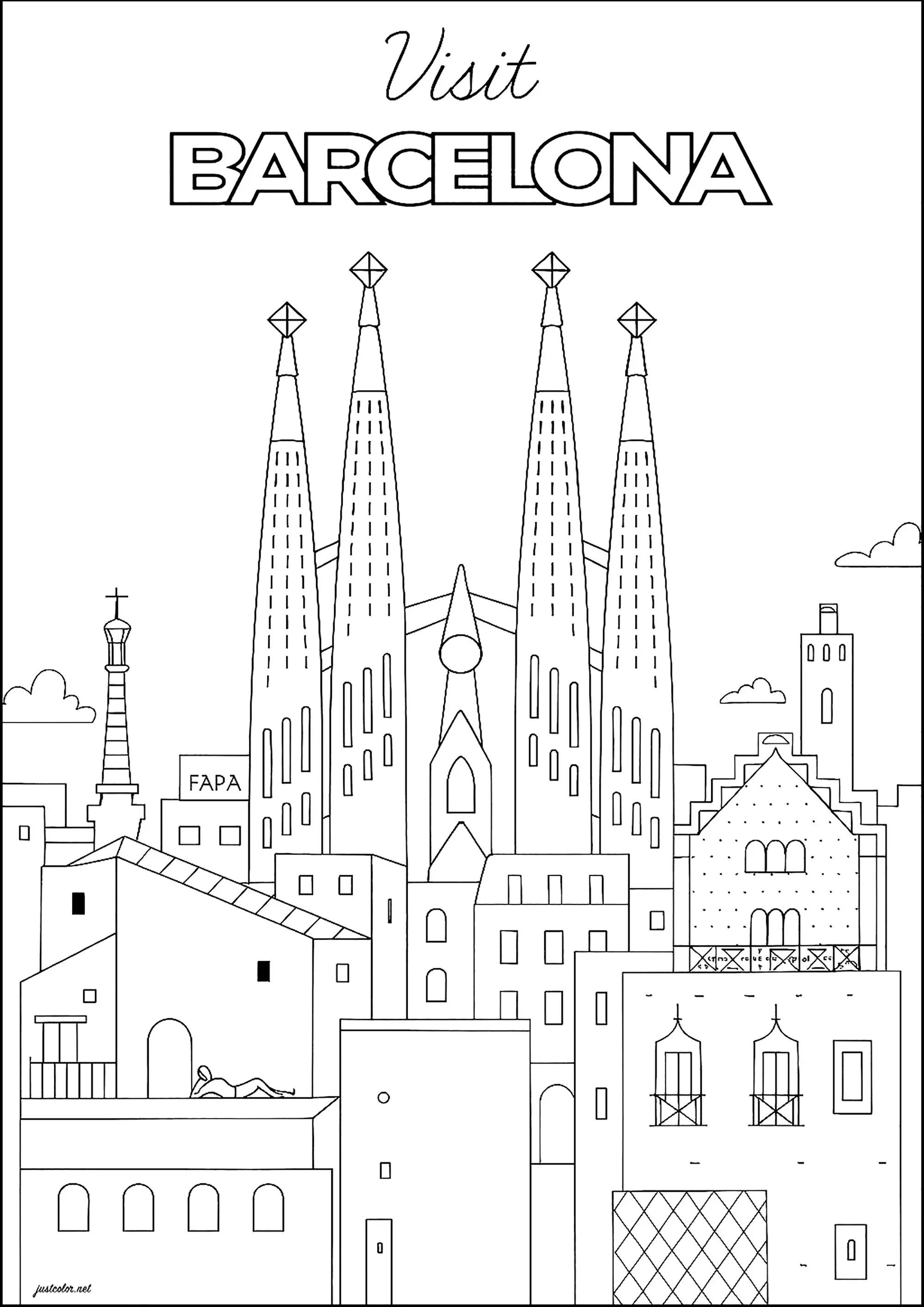 Barcelone en Espagne, avec la Sagrada Familia (Coloriage d'Architecture et habitation à imprimer pour adultes)