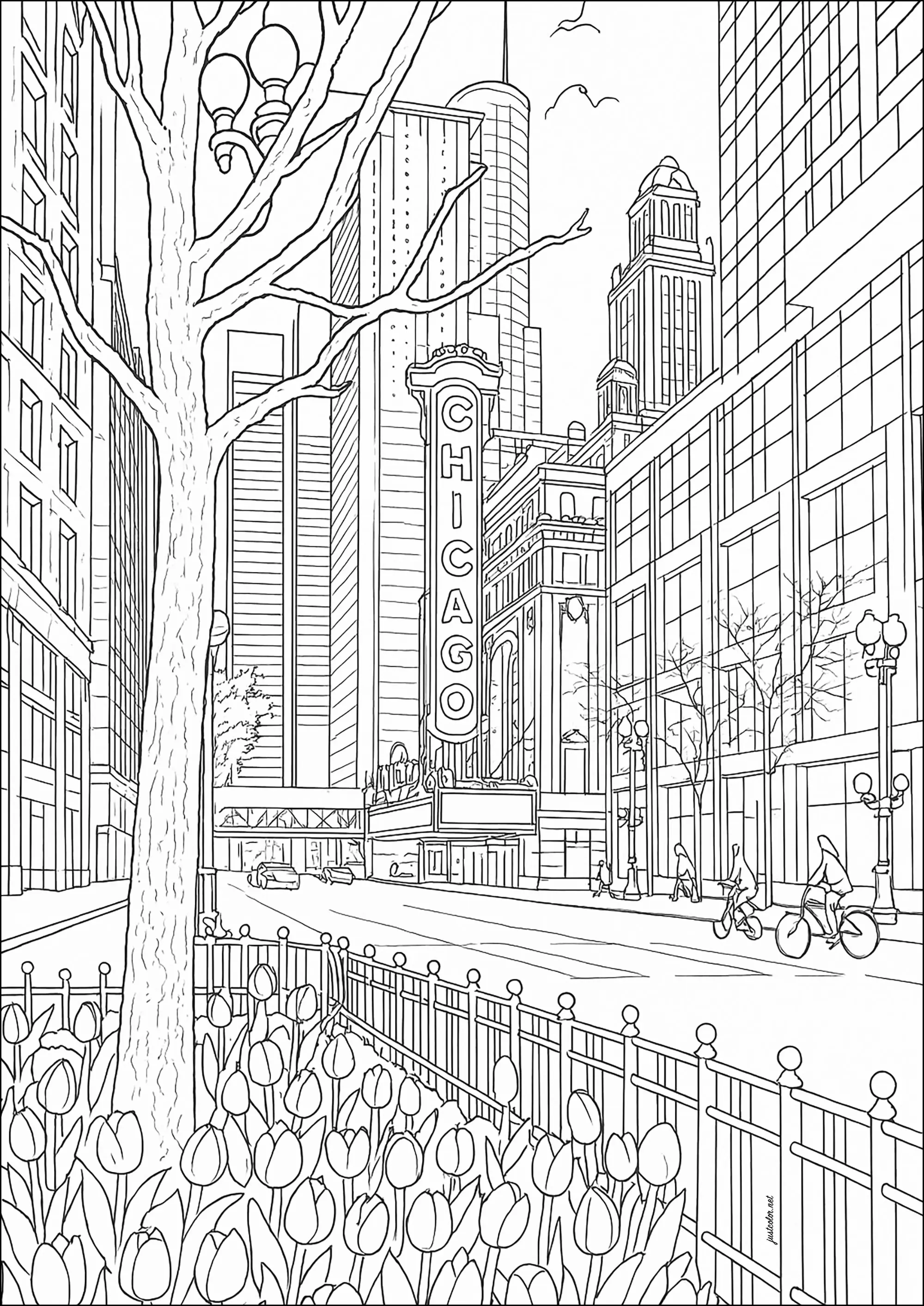 Chicago : dans la rue (Coloriage d'Architecture et habitation à imprimer pour adultes)