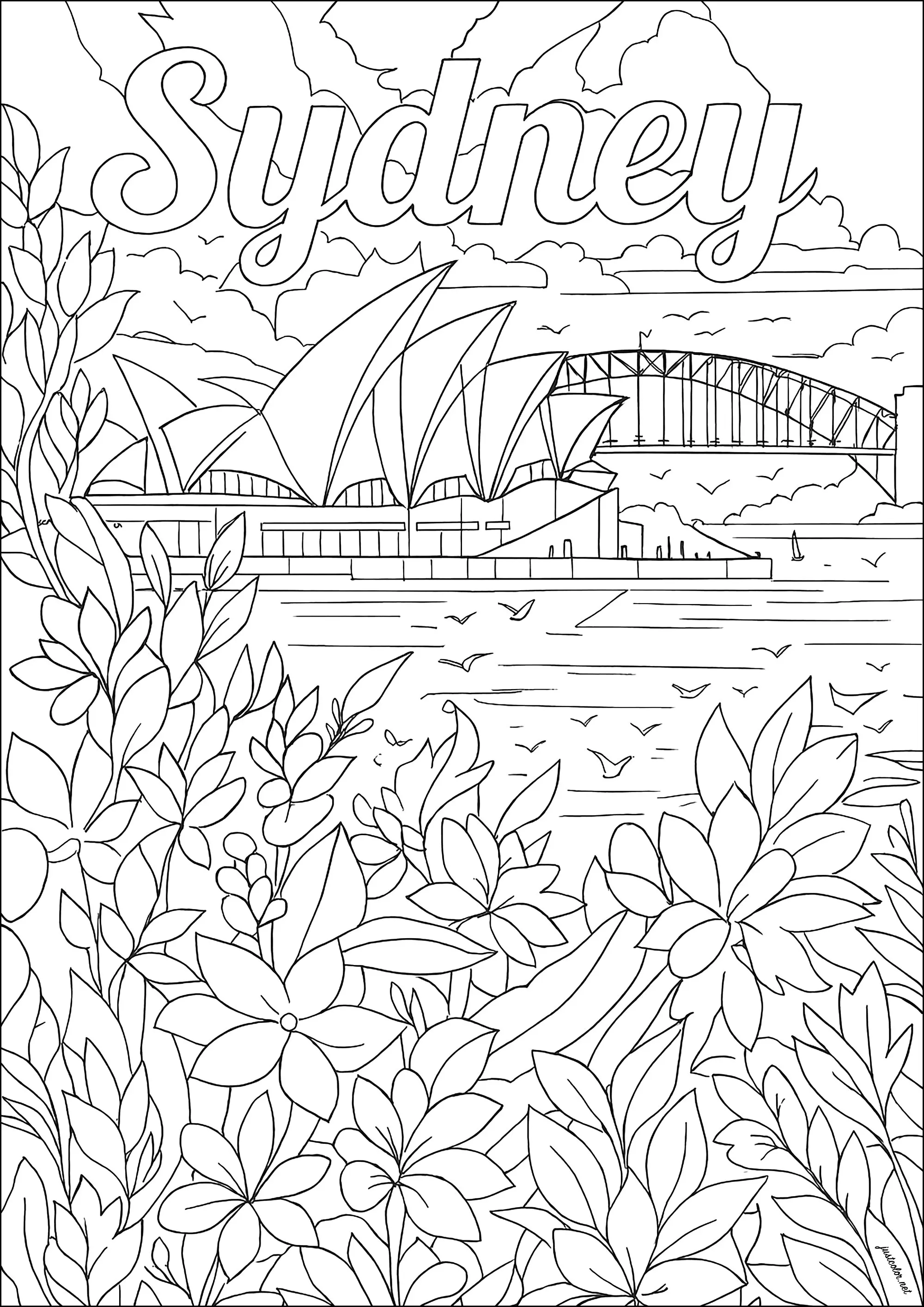Le port et l'opéra de Sydney avec de jolies fleurs en premier plan (Coloriage d'Architecture et habitation à imprimer pour adultes)