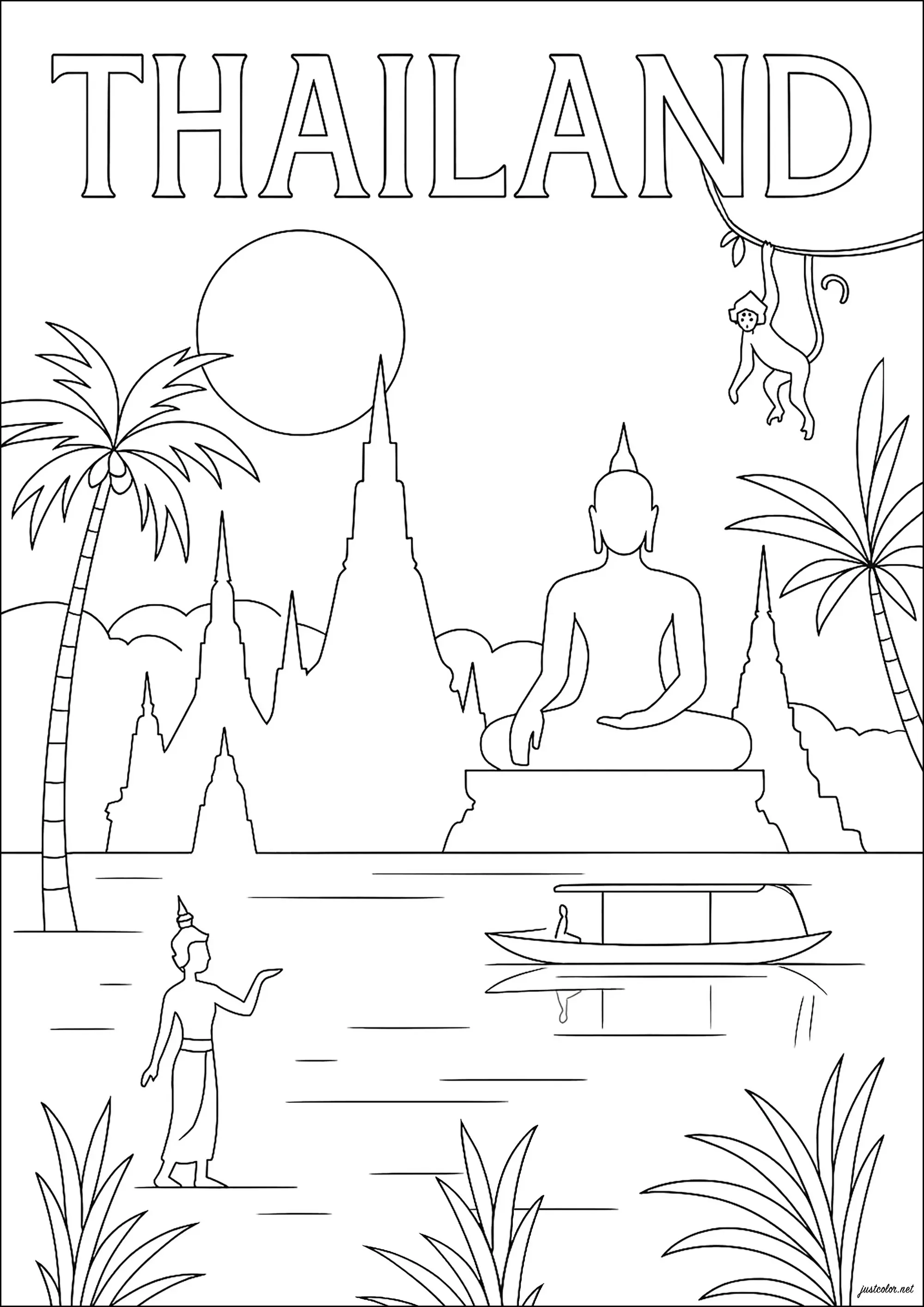Thaïlande (Coloriage de Pays, villes et architecture à imprimer pour adultes)