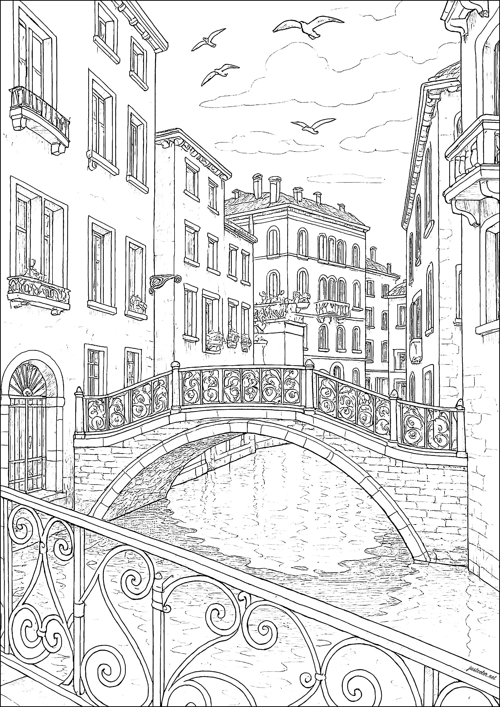 Scène pittoresque de Venise (Coloriage d'Architecture et habitation à imprimer pour adultes)