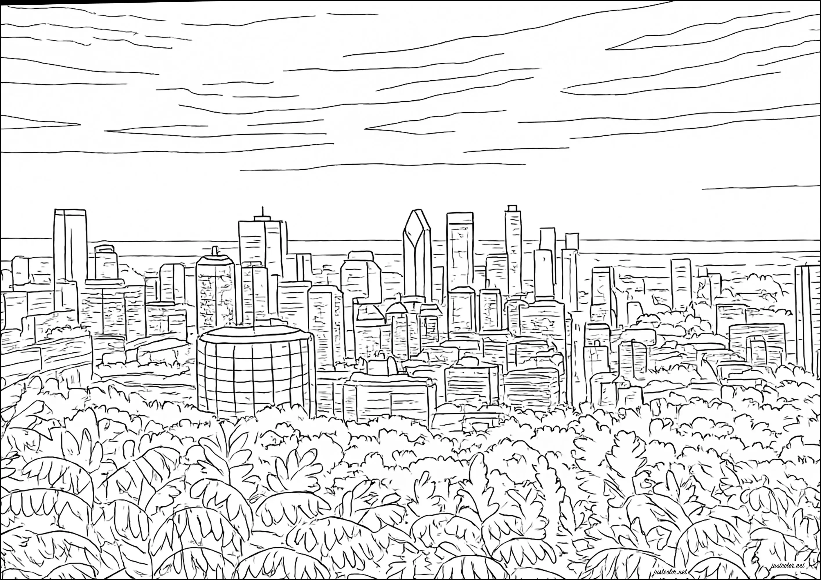 Vue sur Montréal depuis le Mont Royal (Coloriage d'Architecture et habitation à imprimer pour adultes)