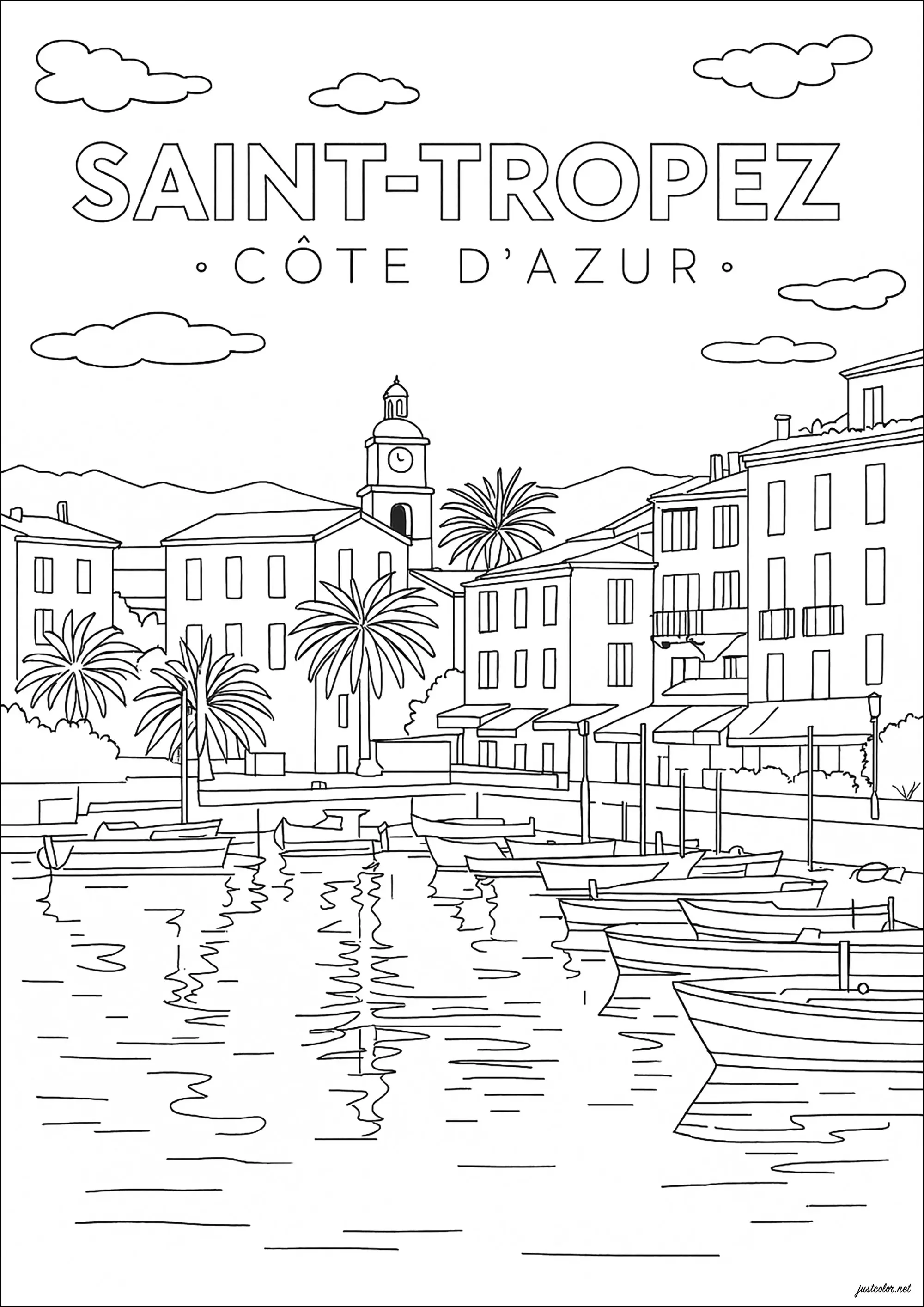 Saint-Tropez, dans la Côte d'Azur (France) (Coloriage d'Architecture et habitation à imprimer pour adultes)