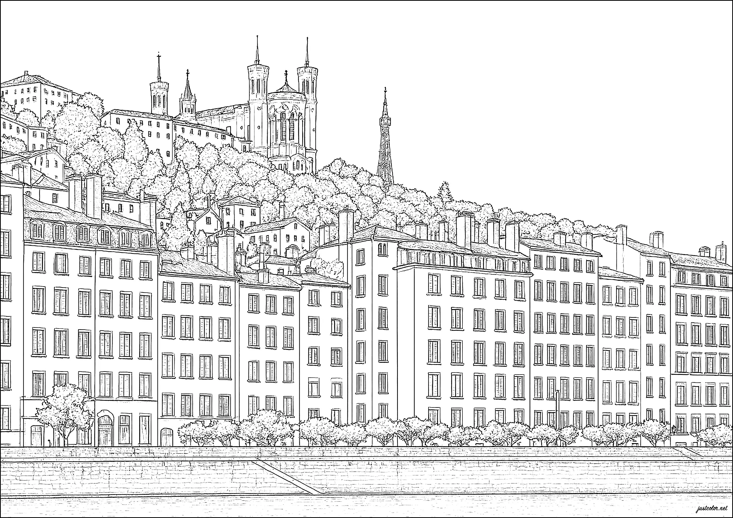 Lyon : le Rhone et la Basilique Notre-Dame de Fourvière (Coloriage d'Architecture et habitation à imprimer pour adultes)