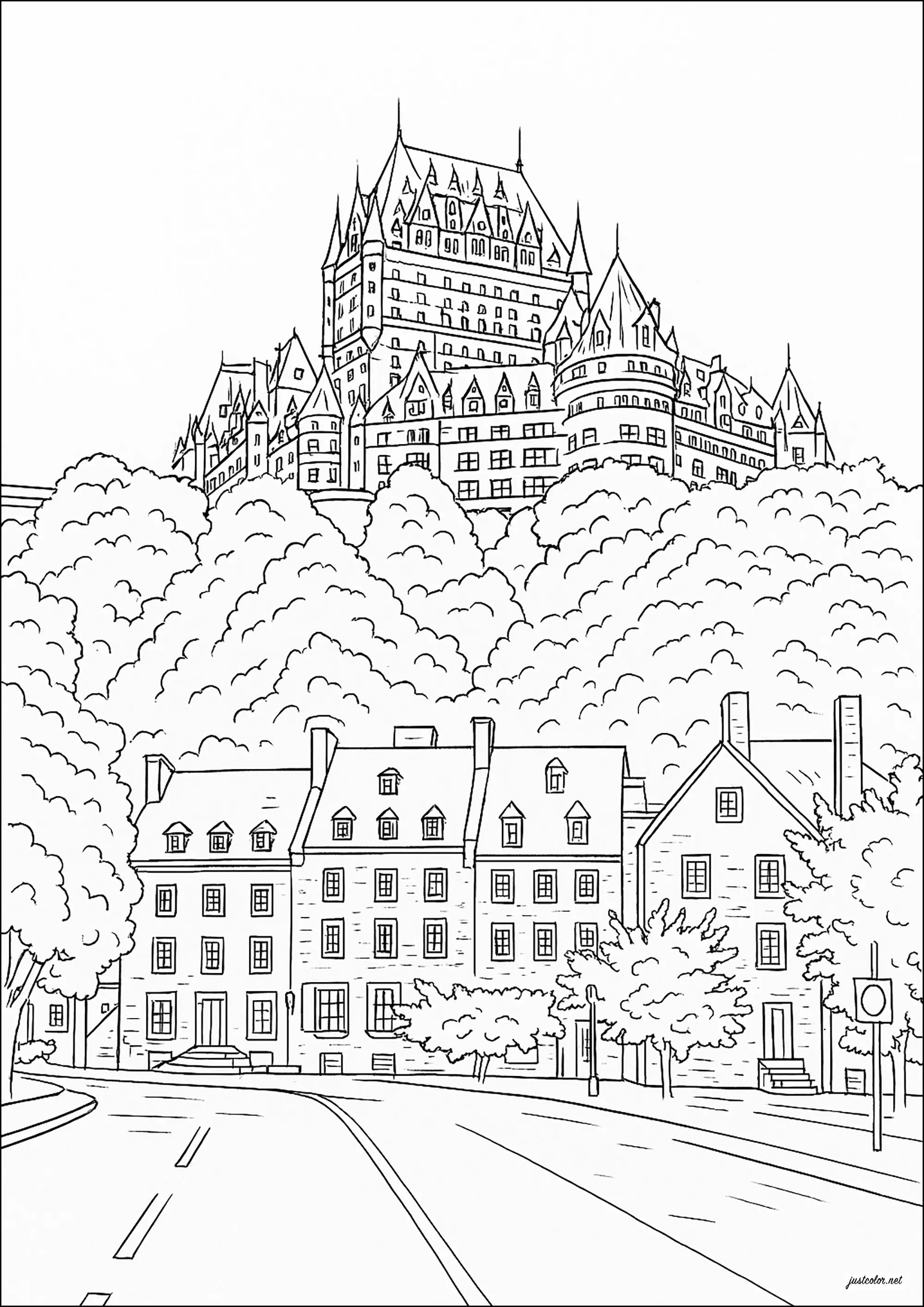 Le chateau Frontenac à Québec (Canada) (Coloriage d'Architecture et habitation à imprimer pour adultes)