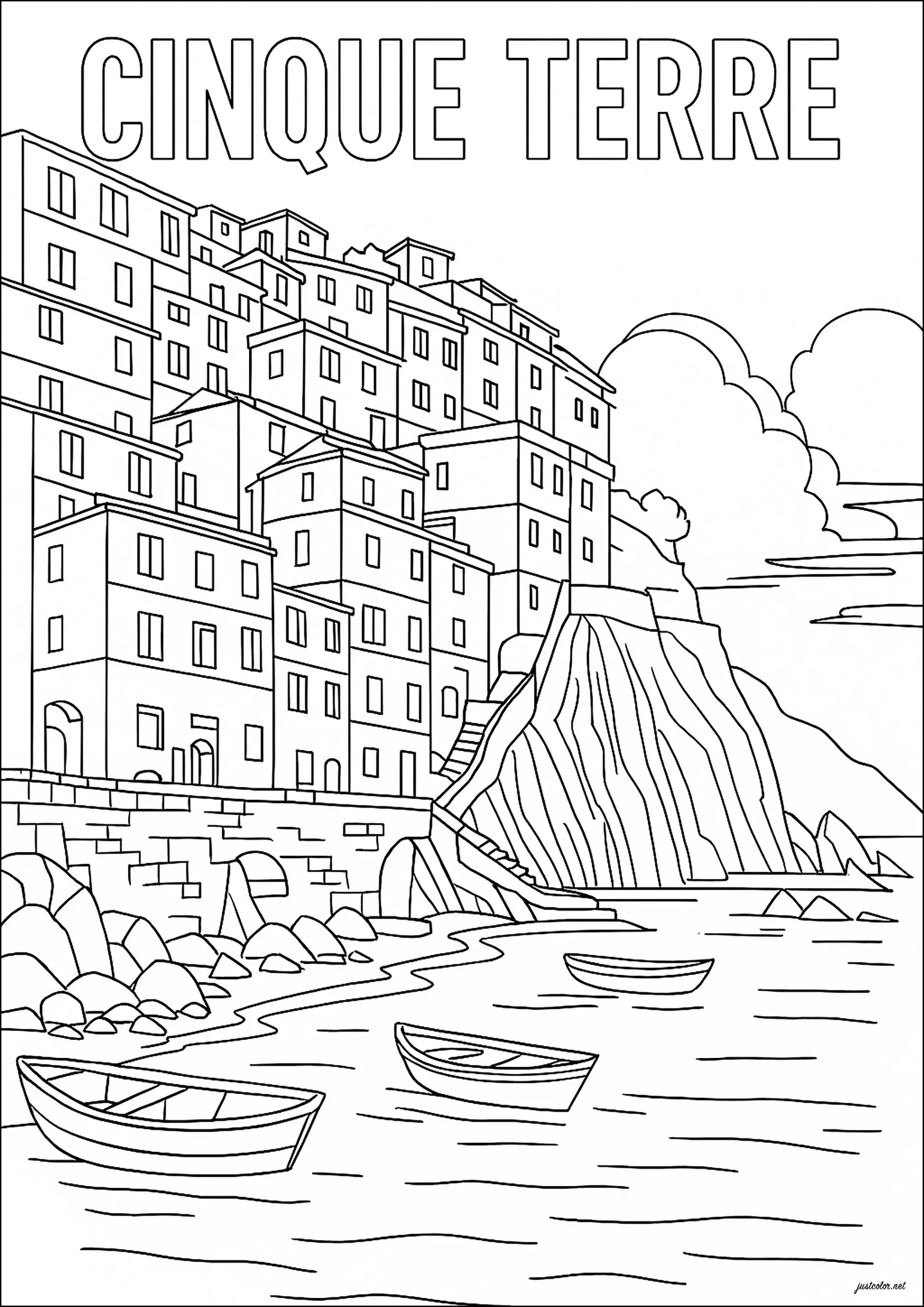 Cinque Terre, Italie (Coloriage de Pays, villes et architecture à imprimer pour adultes)
