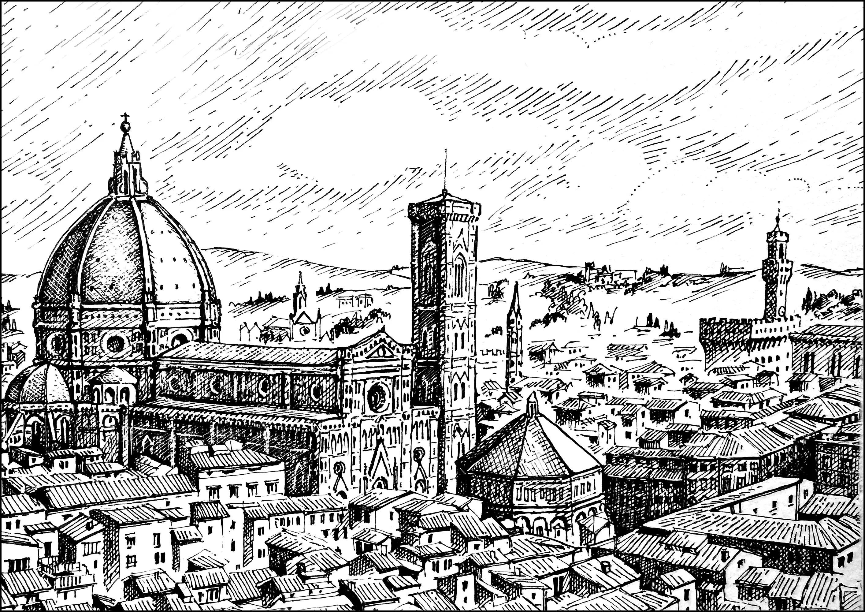Gravue de la ville de Florence (Coloriage d'Architecture et habitation à imprimer pour adultes)