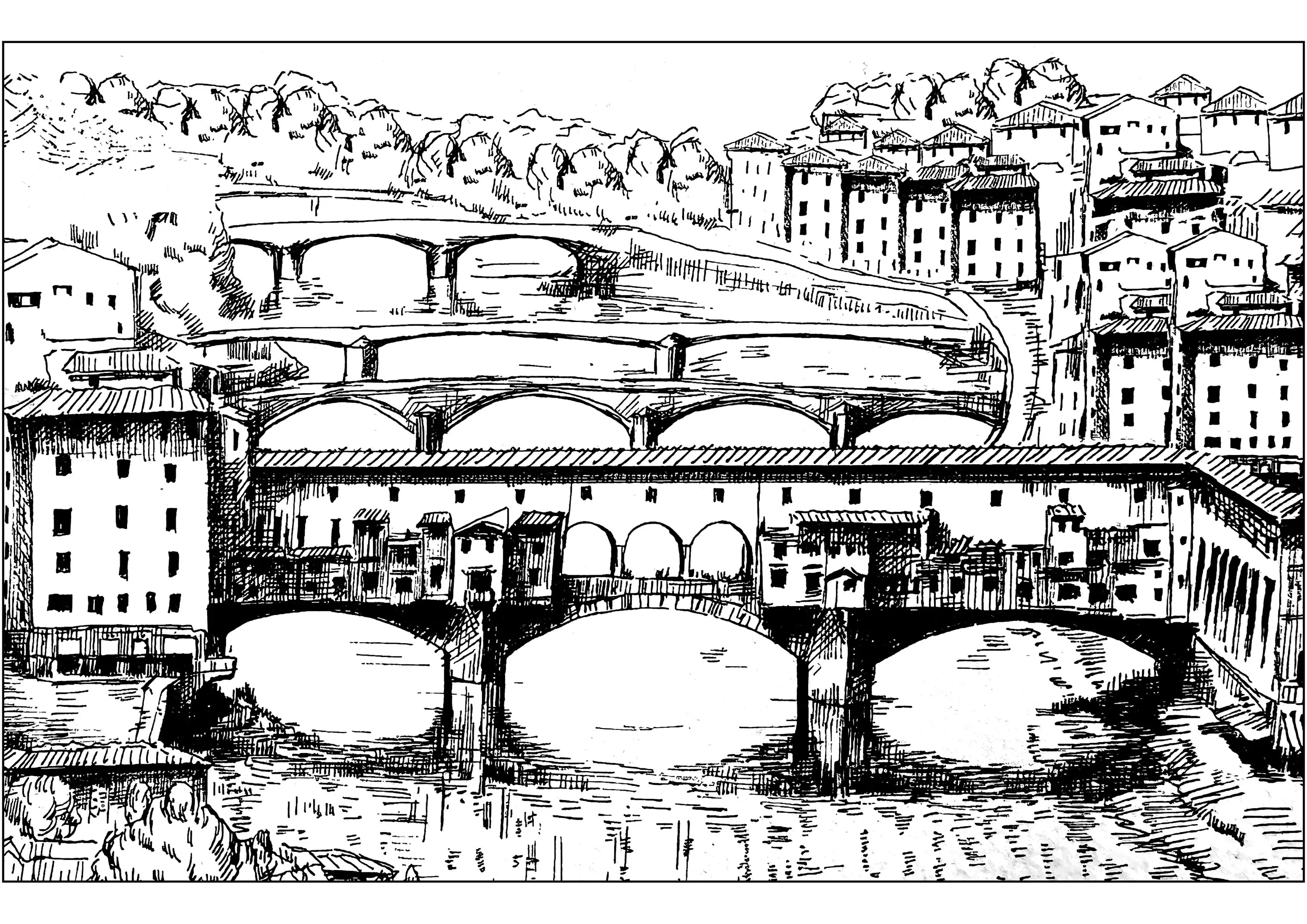 Le Ponte Vecchio à Florence (Italie) (Coloriage d'Architecture et habitation à imprimer pour adultes)