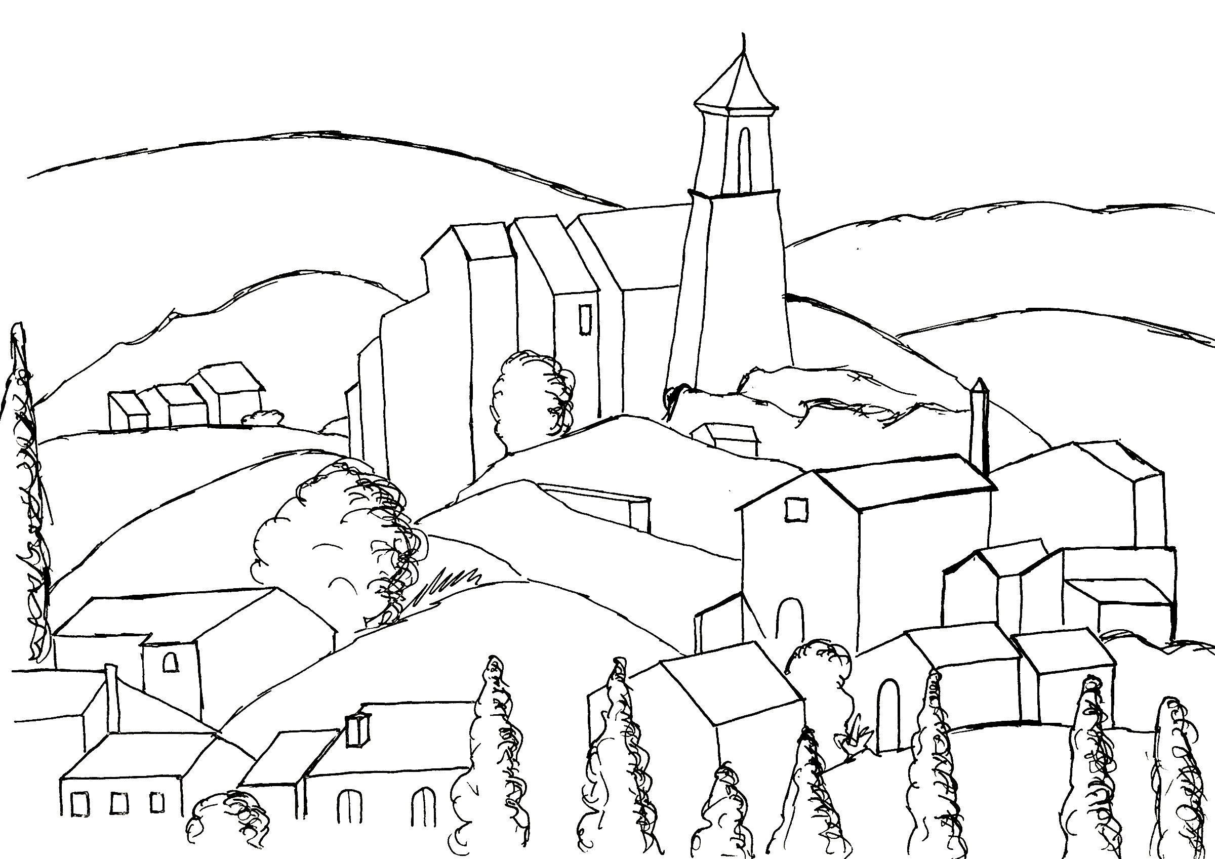 Coloriage inspiré par une toile de Paul Cézanne : Gardanne (version 1), Artiste : Olivier