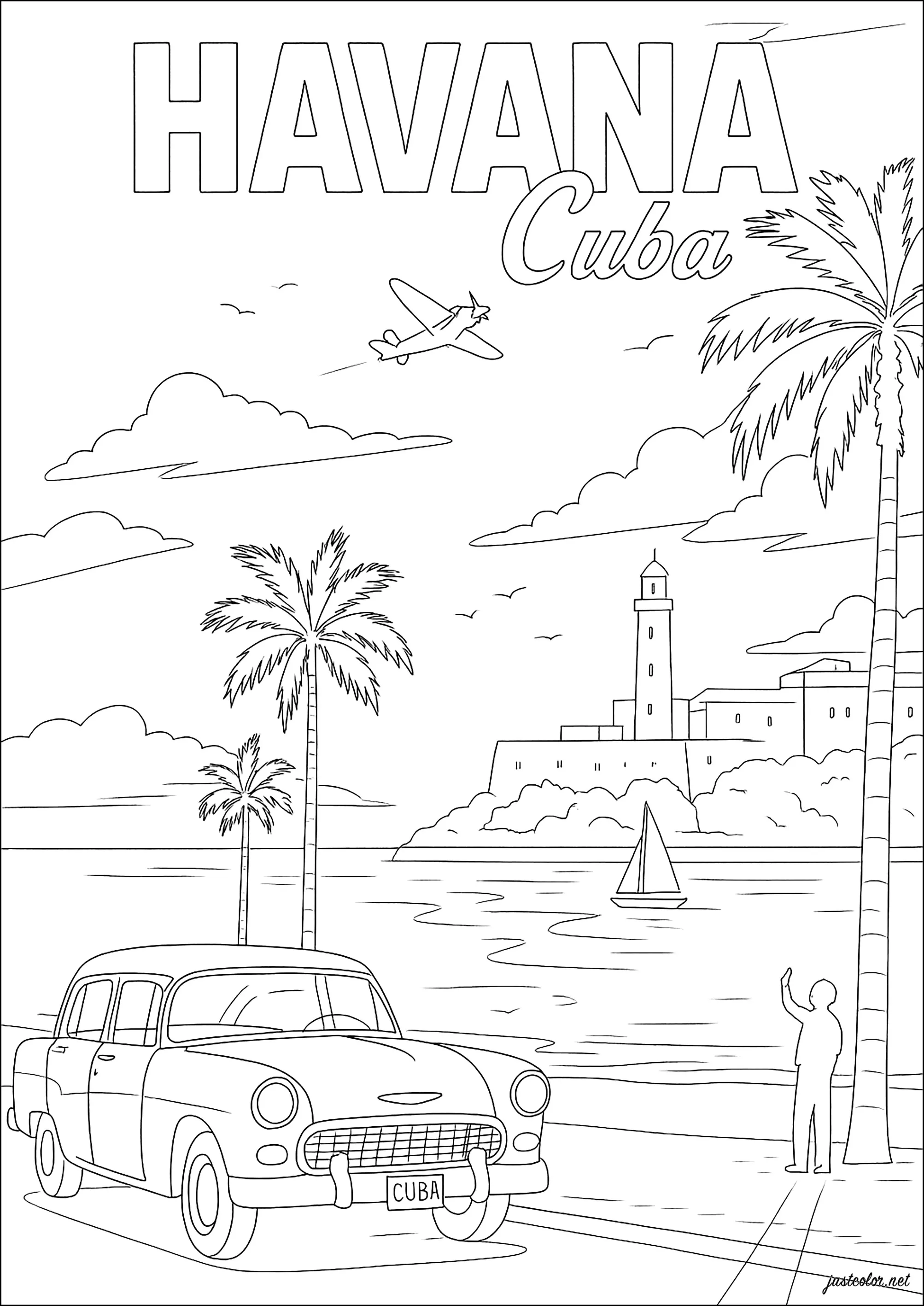 Découverte de la beauté cubaine (La Havane) (Coloriage d'Architecture et habitation à imprimer pour adultes)