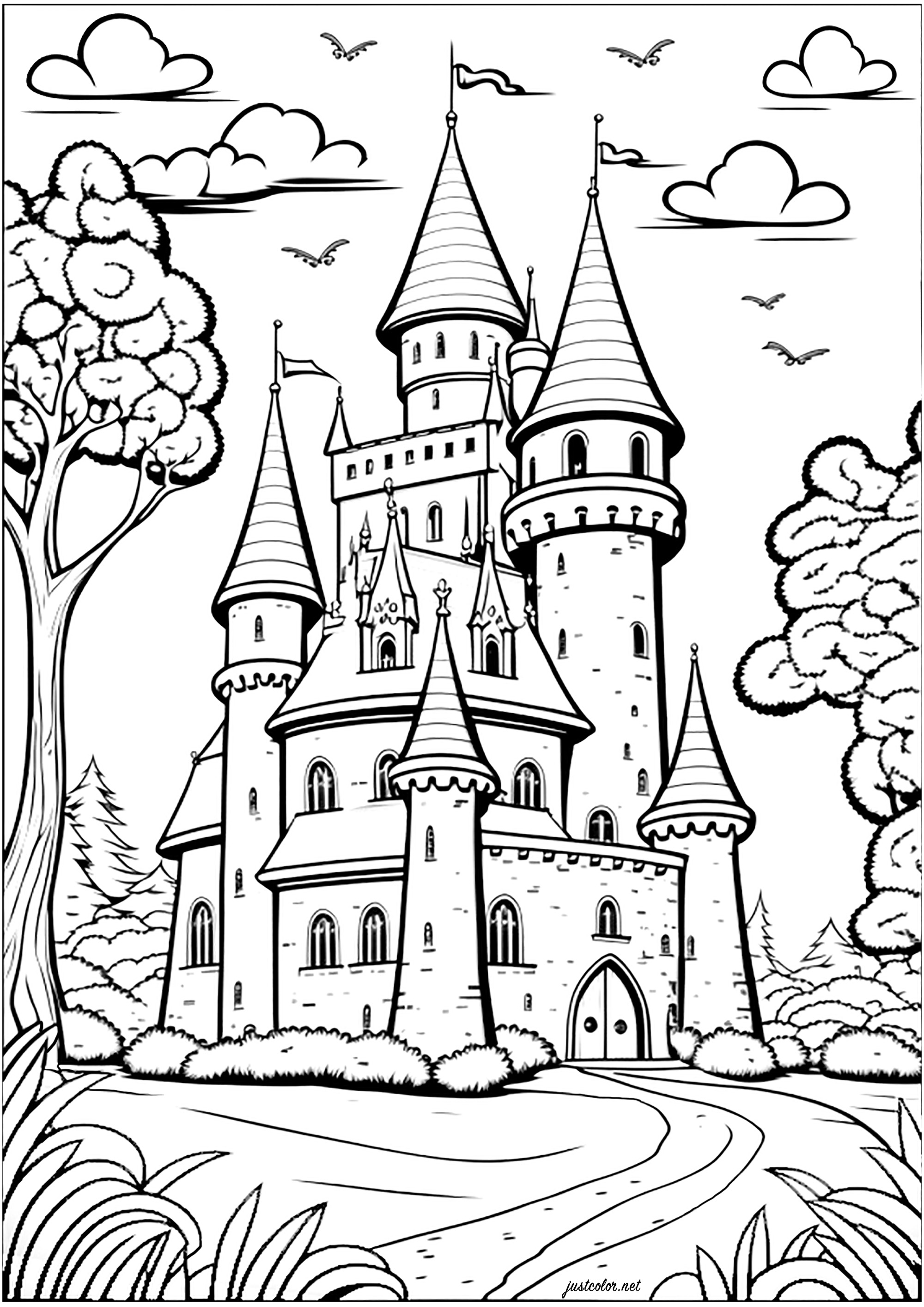 Coloriage d'un chateau d'un royaume imaginaire. Coloriez toutes ses tourelles, fenêtres, portes et murs pour un moment enchanté !, Artiste : IAsabelle