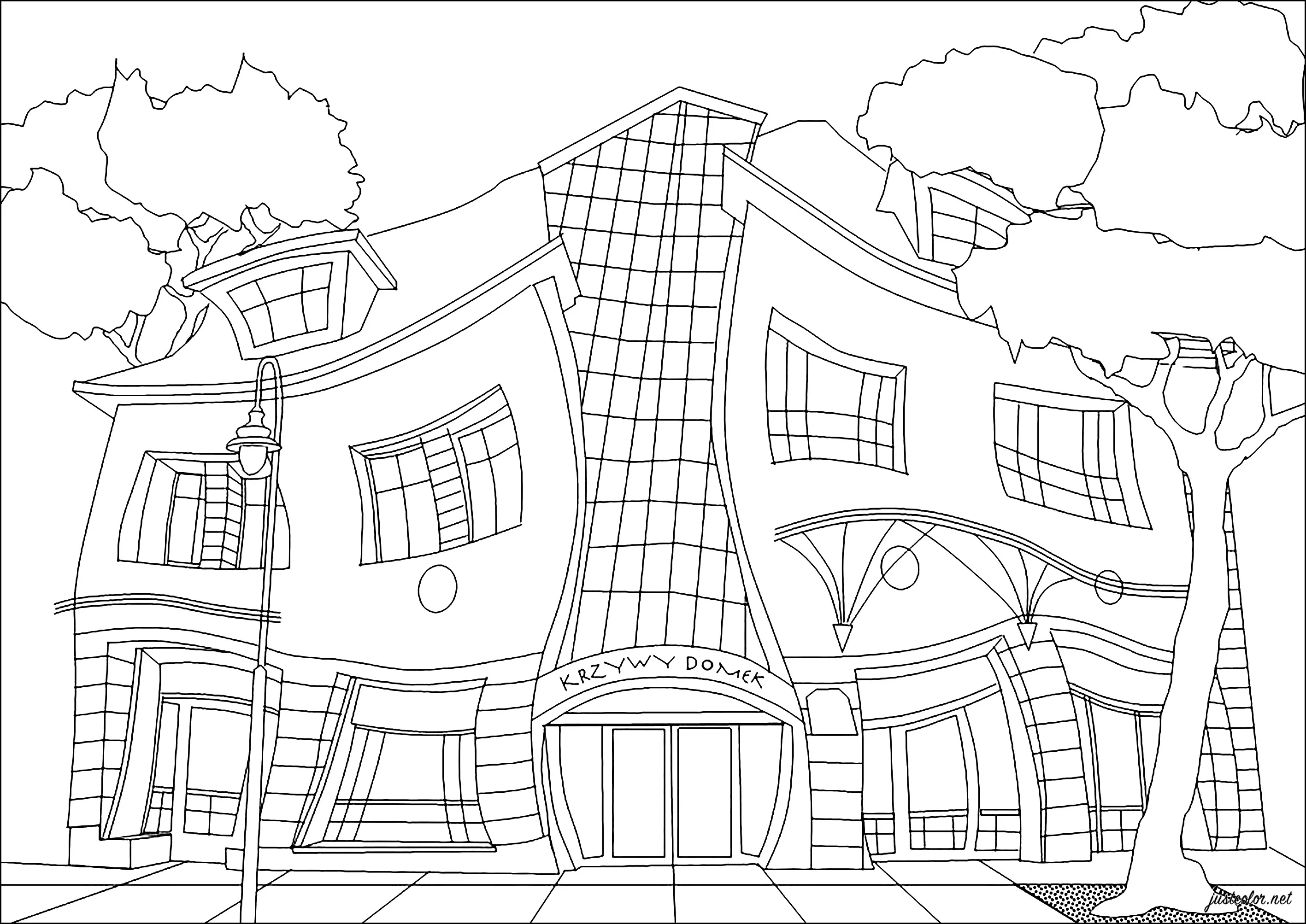 Krzywy Domek (la maison tordue), à Sopot, en Pologne (Coloriage d'Architecture et habitation à imprimer pour adultes)