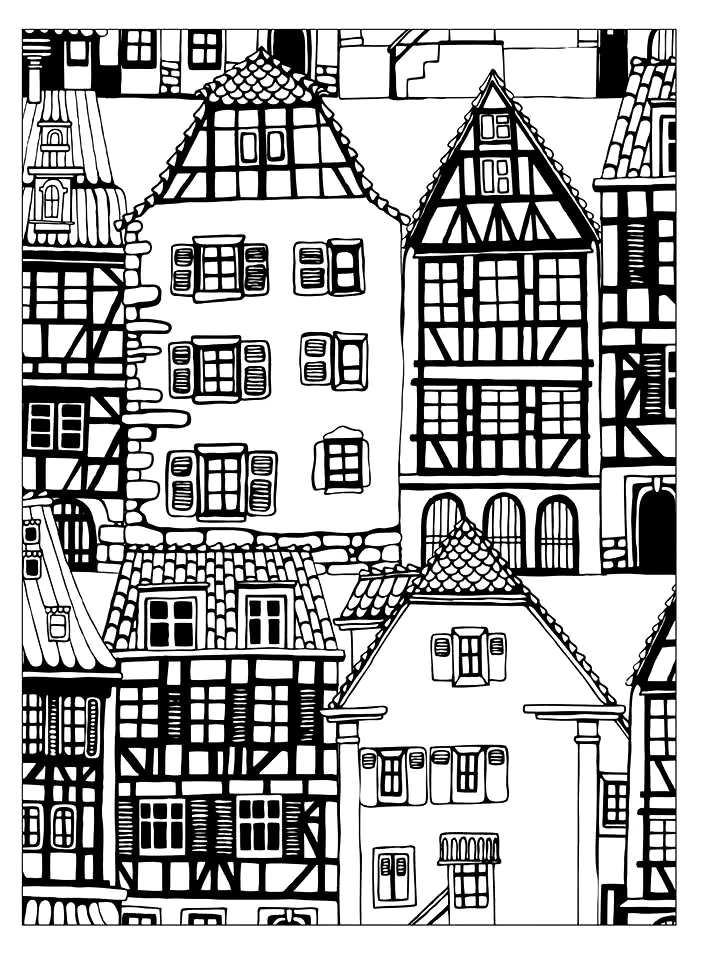 Maisons style alsace (Coloriage d'Architecture et habitation à imprimer pour adultes)