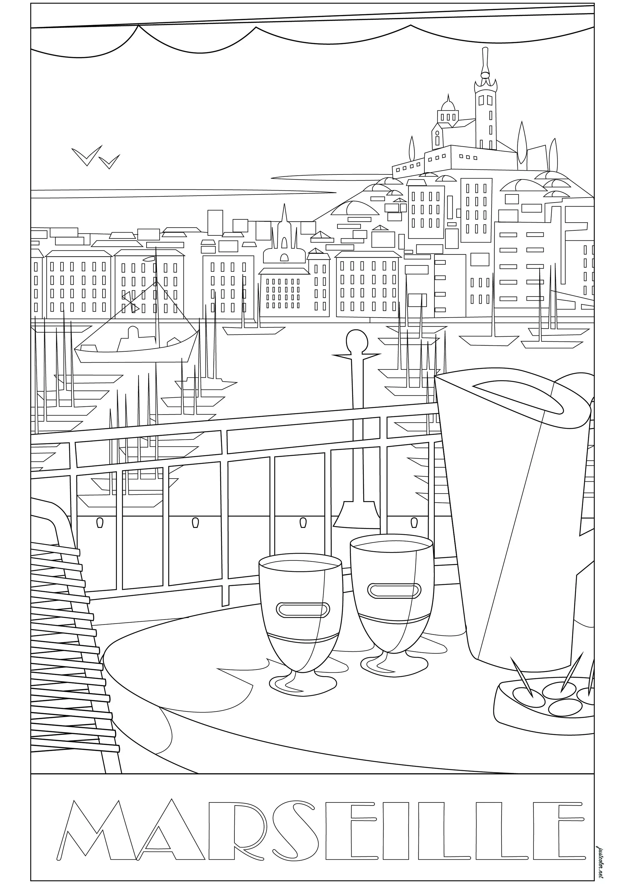 Petit apéro à Marseille (Coloriage de Pays, villes et architecture à imprimer pour adultes)