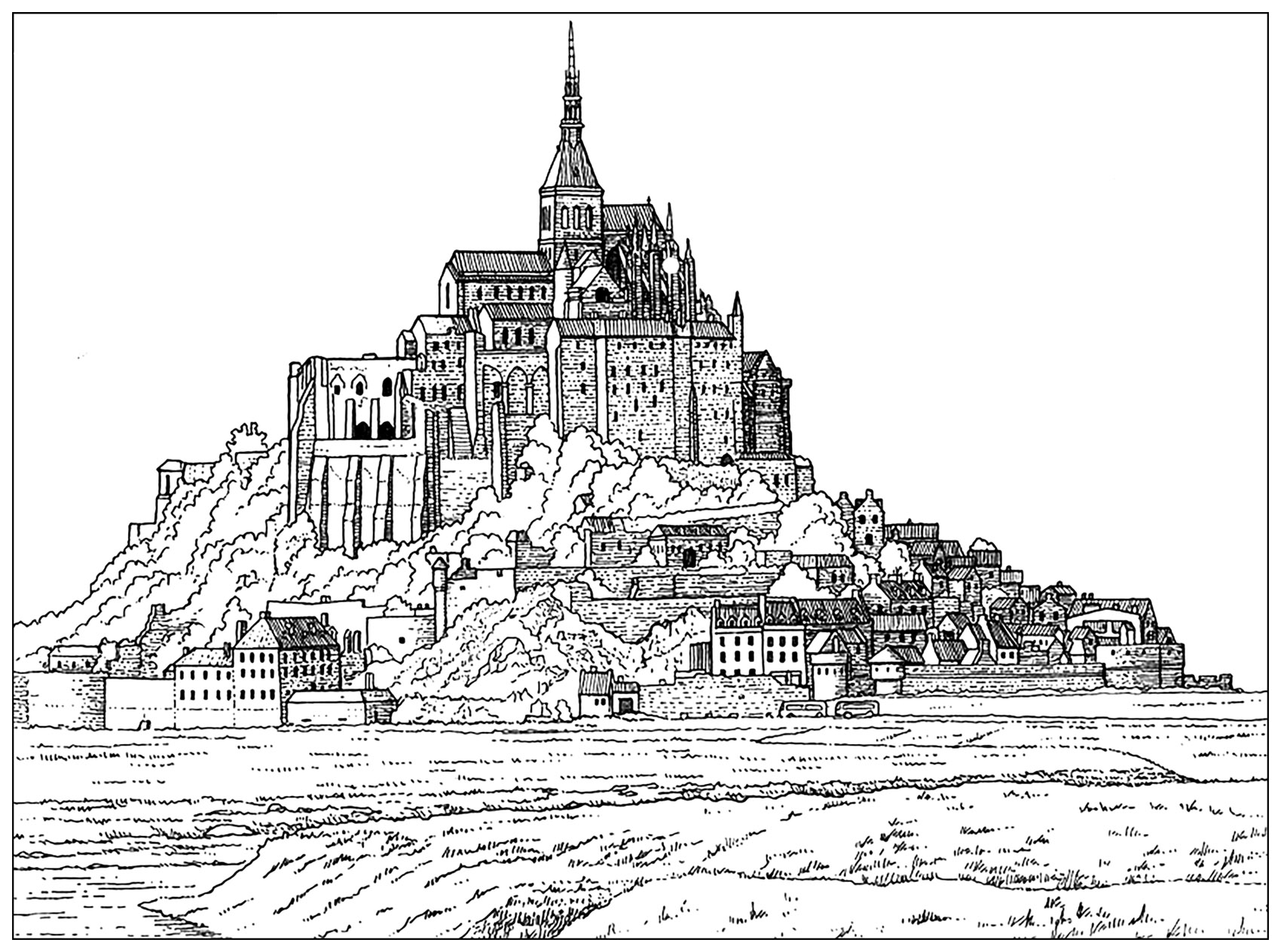 Coloriage du Mont-Saint-Michel (Normandie, France). Ce dessin très réaliste permet de distinguer les différents bâtiments et de les colorier individuellement.