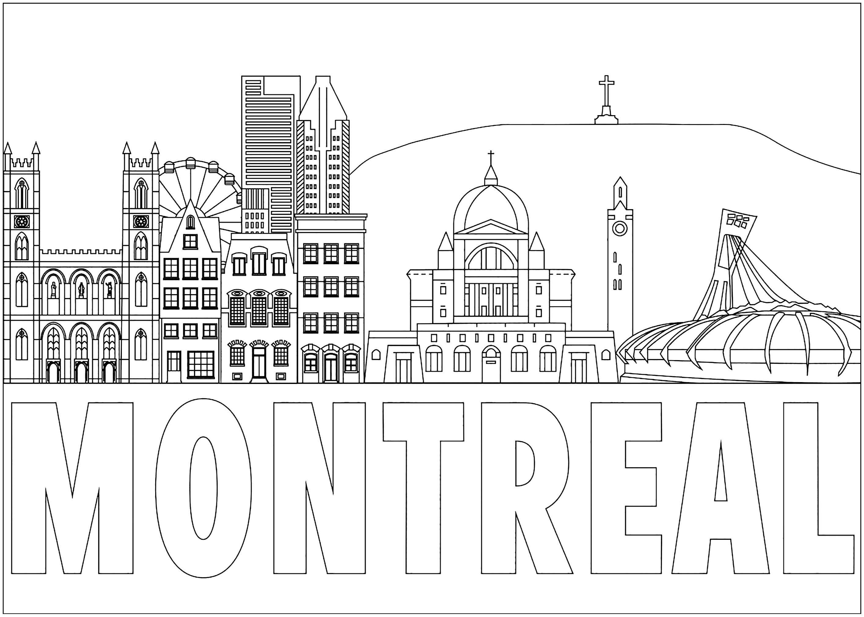 Coloriage créé à partir des monuments les plus emblématiques de Montréal, avec le Mont-royal en arrière plan.  Montréal est située au sud de la province canadienne de Québec, à seulement 72 kilomètres de la frontière américaine. Montréal est une ville francophone, ancien poste de traite des fourrures.Chaque année, les festivals de Montréal voués au jazz, aux feux d'artifice et à l'humour attirent des millions de touristes des quatre coins du monde, Artiste : Théo D