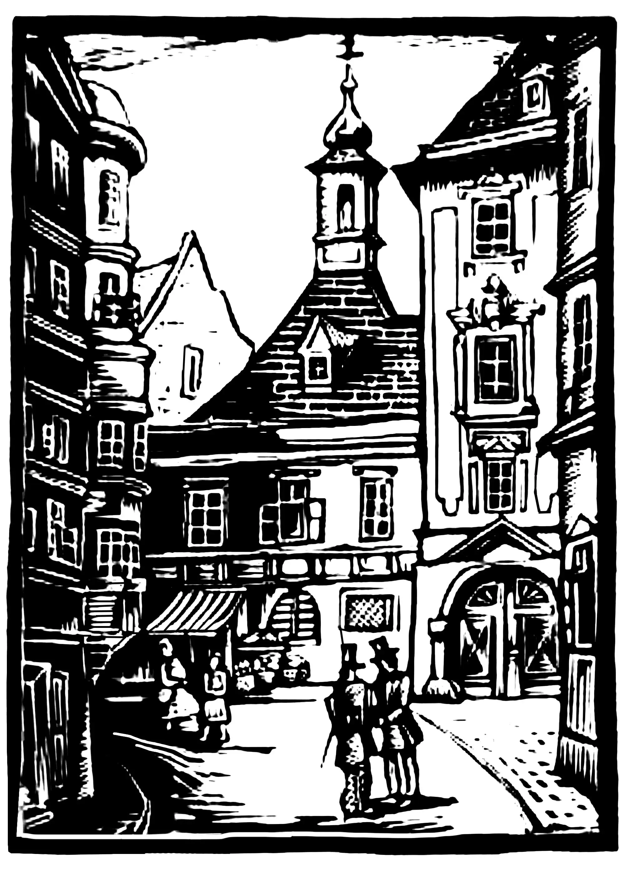 Petit village français (Coloriage d'Architecture et habitation à imprimer pour adultes)