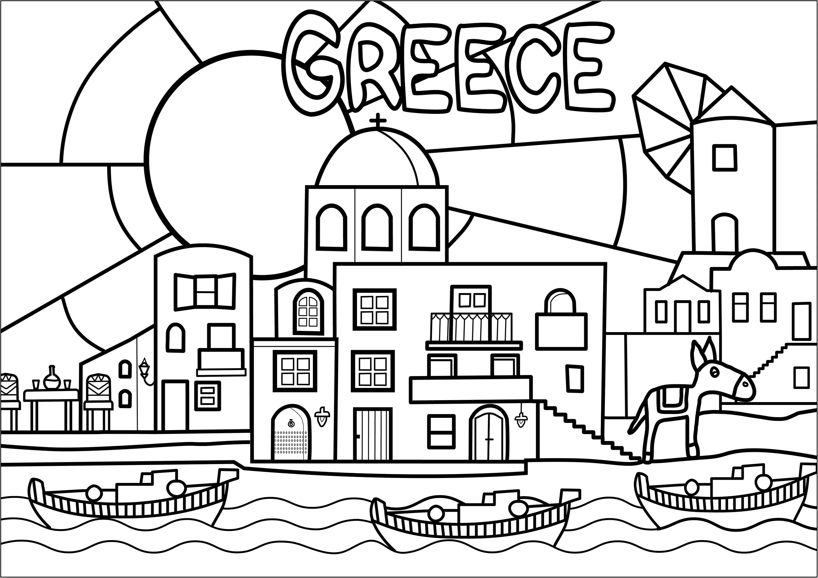 Joli village de Grèce, à l'architecture typique (version simple) (Coloriage d'Architecture et habitation à imprimer pour adultes)