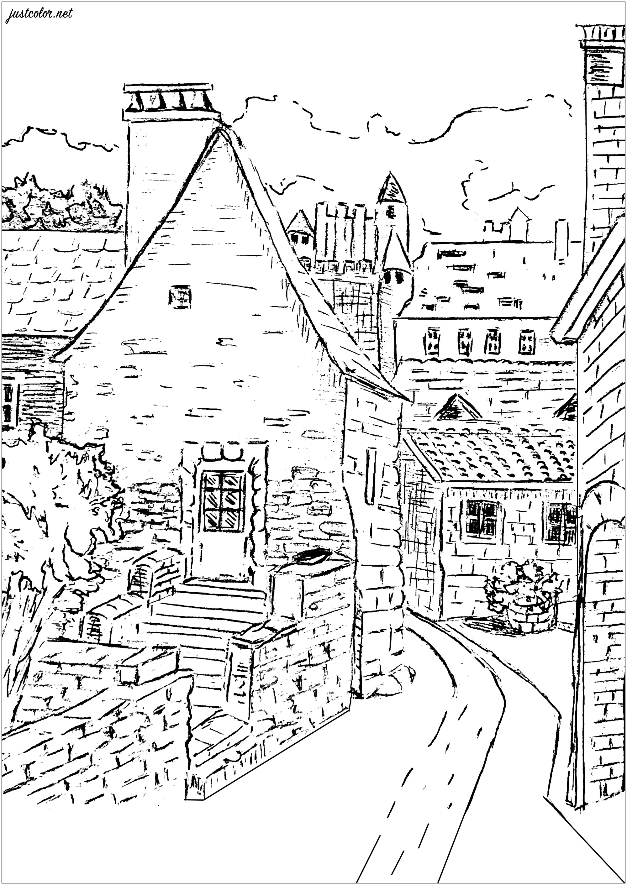 Village en Dordogne, France (Coloriage d'Architecture et habitation à imprimer pour adultes)