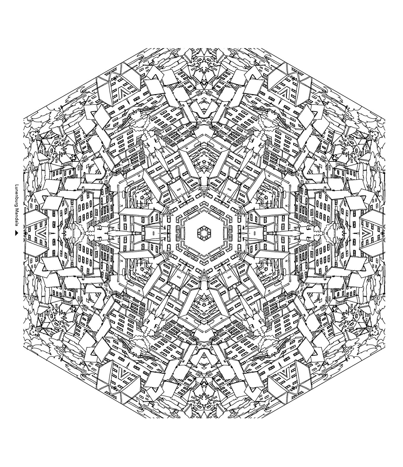 Ville mandala - Sofian - Coloriages difficiles pour adultes, image size:1365x1581