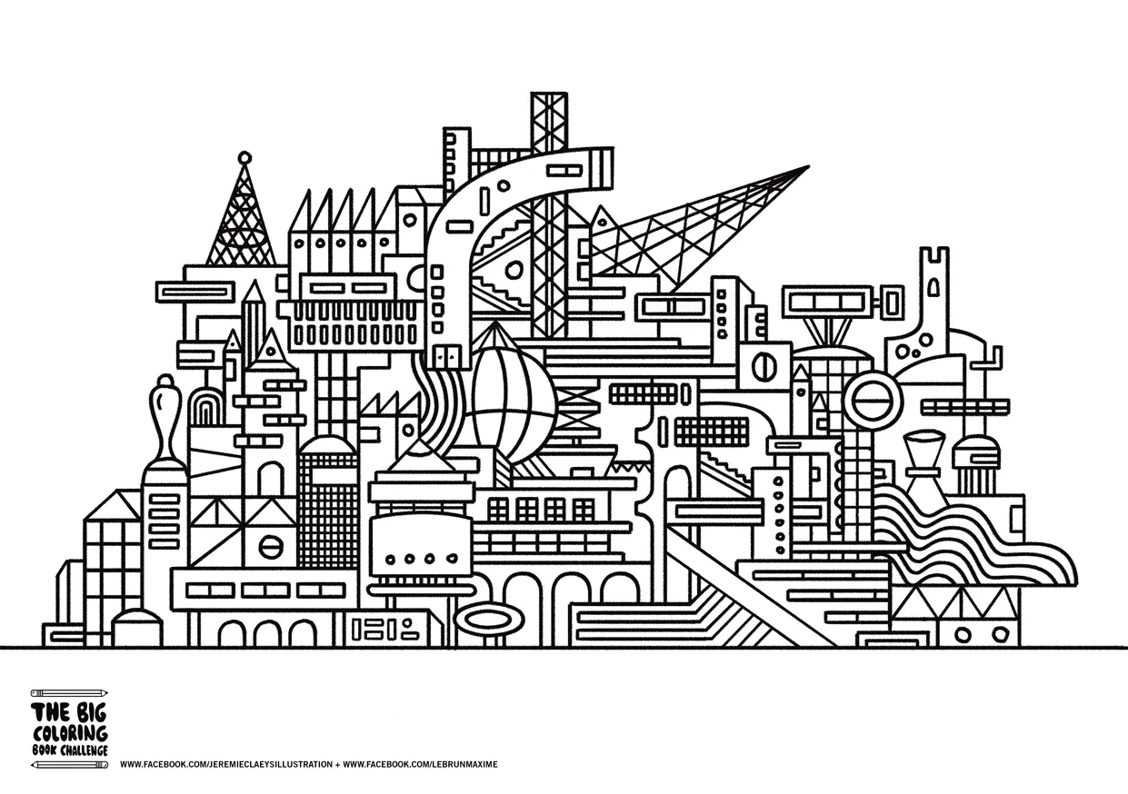 Ville tordue (Coloriage d'Architecture et habitation à imprimer pour adultes)