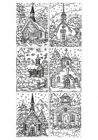 Coloriage adulte architecture eglises enneigees