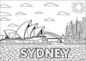Vue iconique du port de Sydney (Coloriage de Pays, villes et architecture)