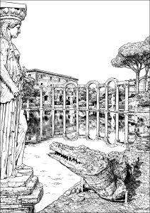 Canopus de la Villa d’Hadrien à Tivoli : bassin monumental bordé de statues inspiré de l’Égypte et de la Grèce antiques (Coloriage de Pays, villes et monuments)