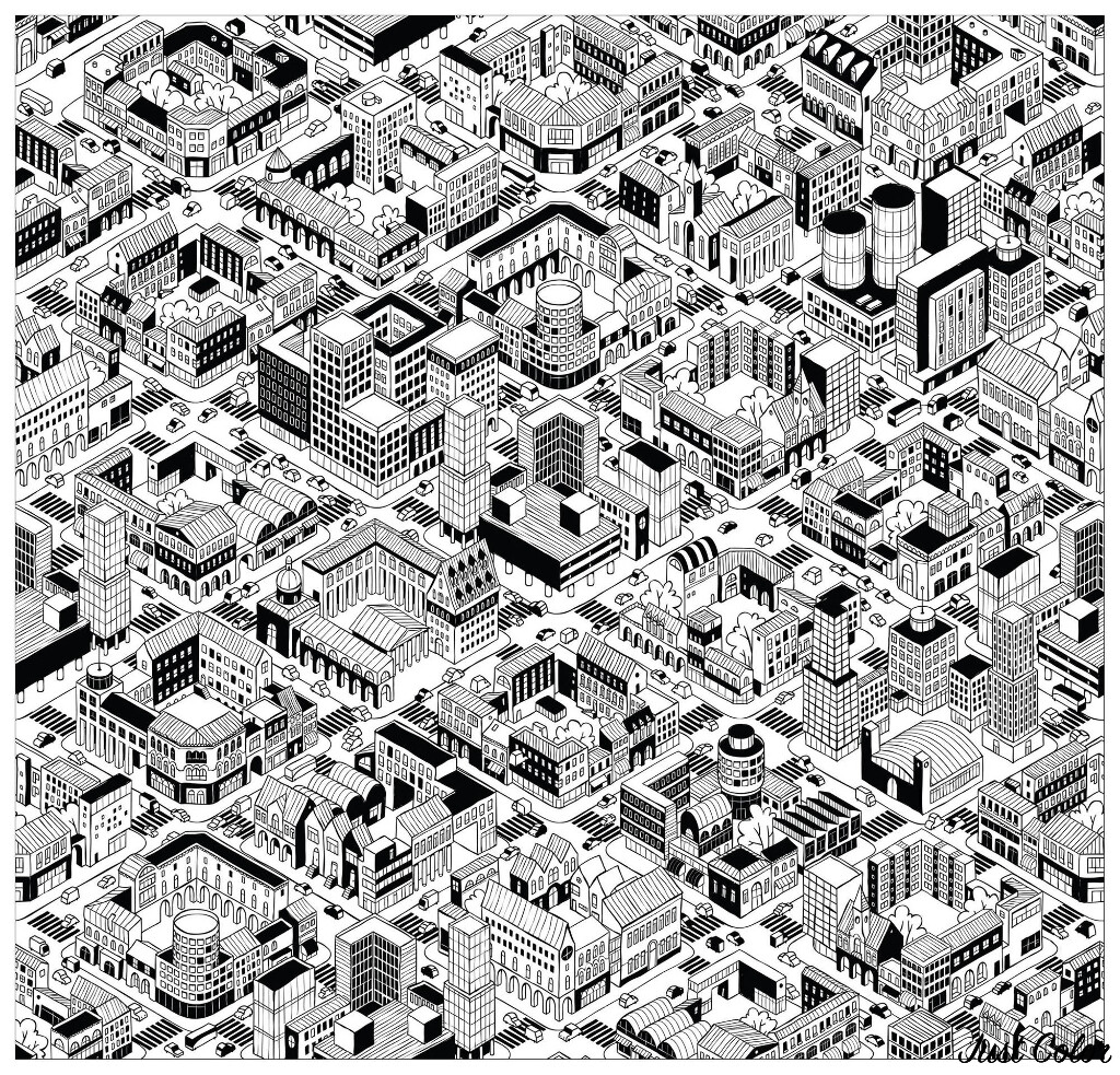 Coloriez cette ville qui semble avoir été créée dans le jeu vidéo Sim City ! Des bâtiments incroyables : tous différents et uniques