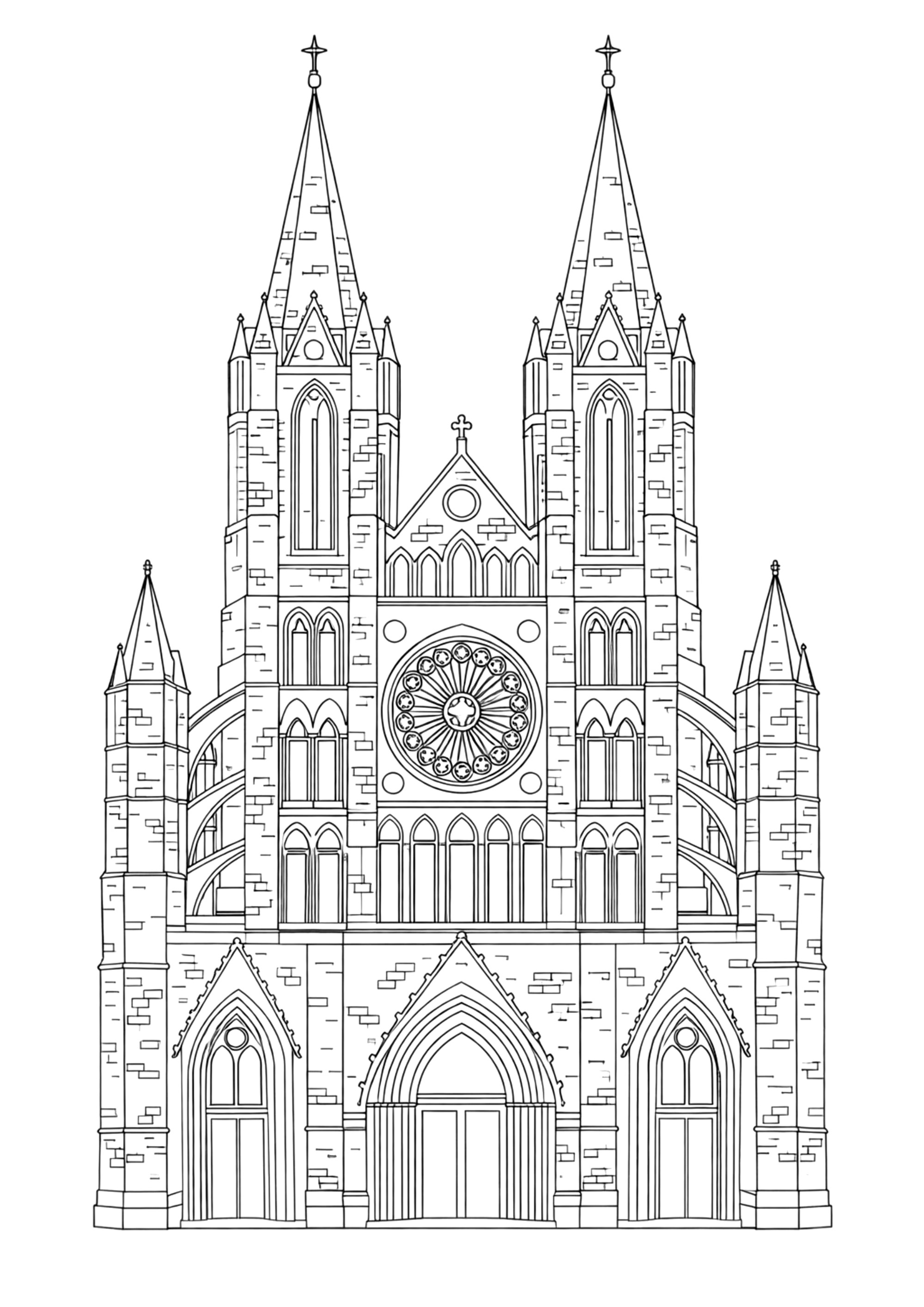 Cathédrale gothique – Façade monumentale et art médiéval (Coloriage d'Architecture à imprimer pour adultes)