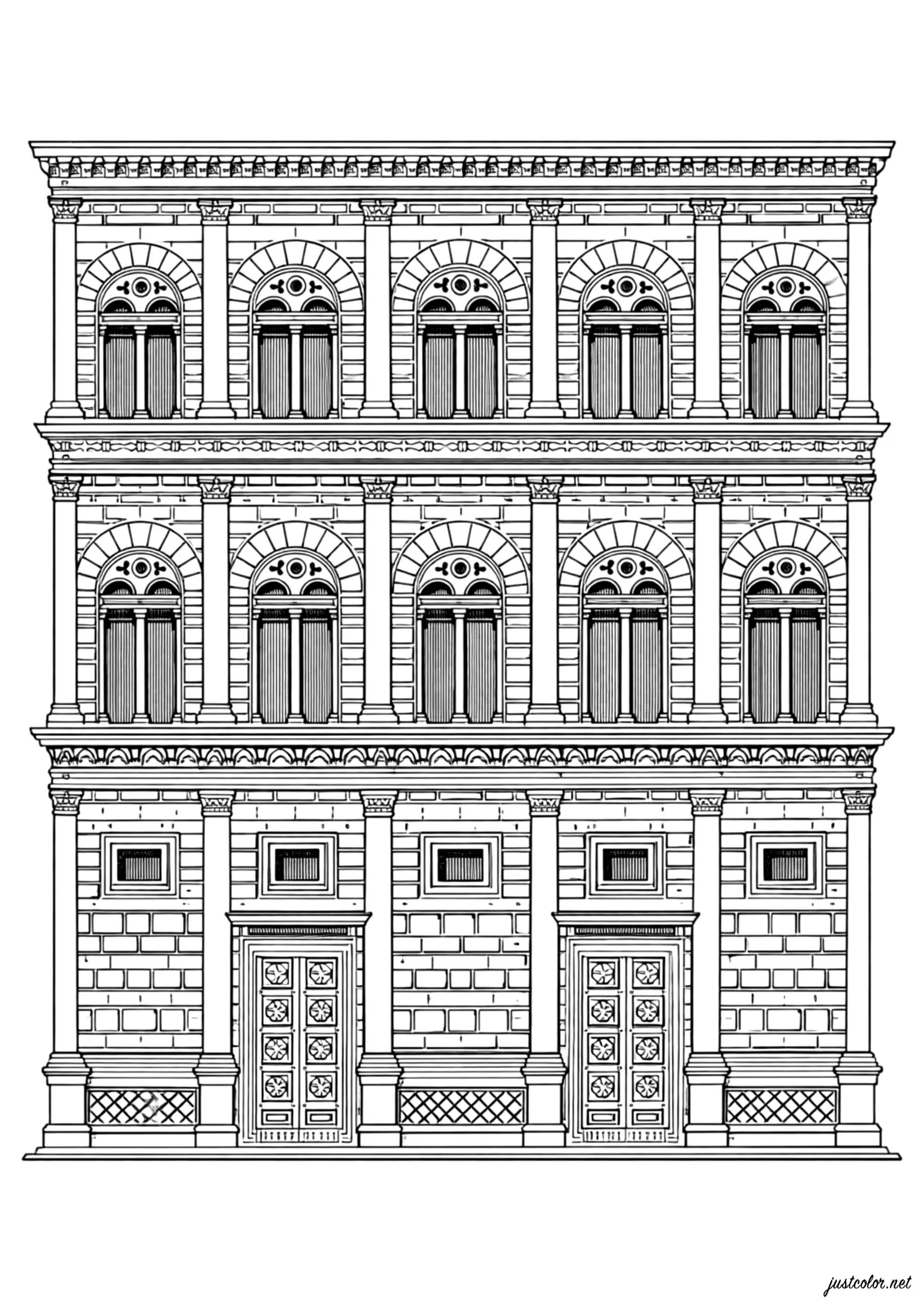 Majestueuse façade de bâtiment style Renaissance (Coloriage d'Architecture à imprimer pour adultes)
