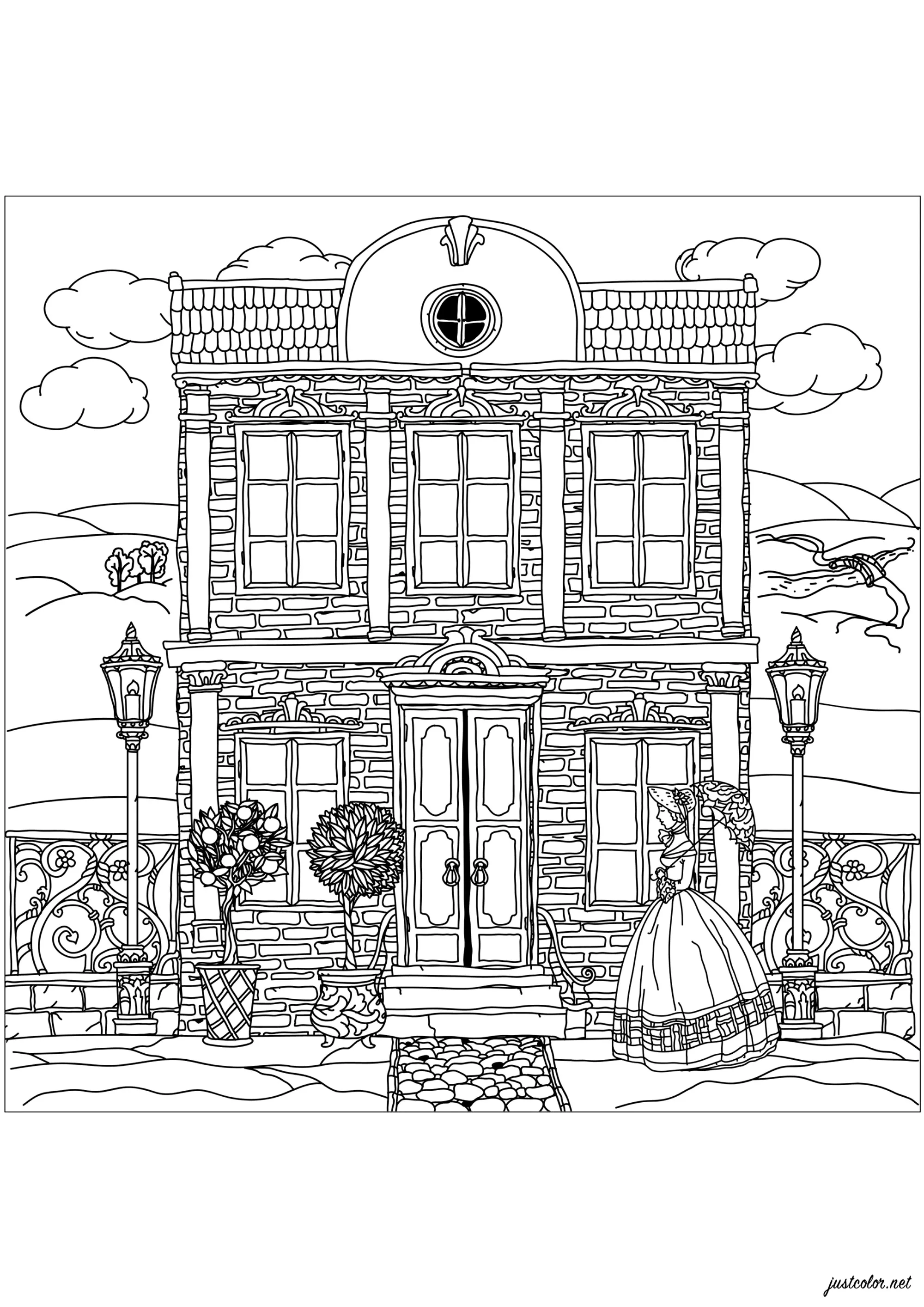Maison victorienne – Élégance architecturale du XIXᵉ siècle (Coloriage d'Architecture à imprimer pour adultes)