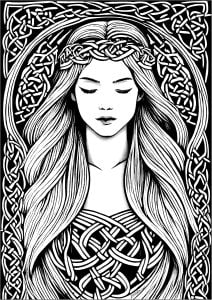 Coloriage d'Art Celtique à imprimer pour adultes : Femme irlandaise endormie