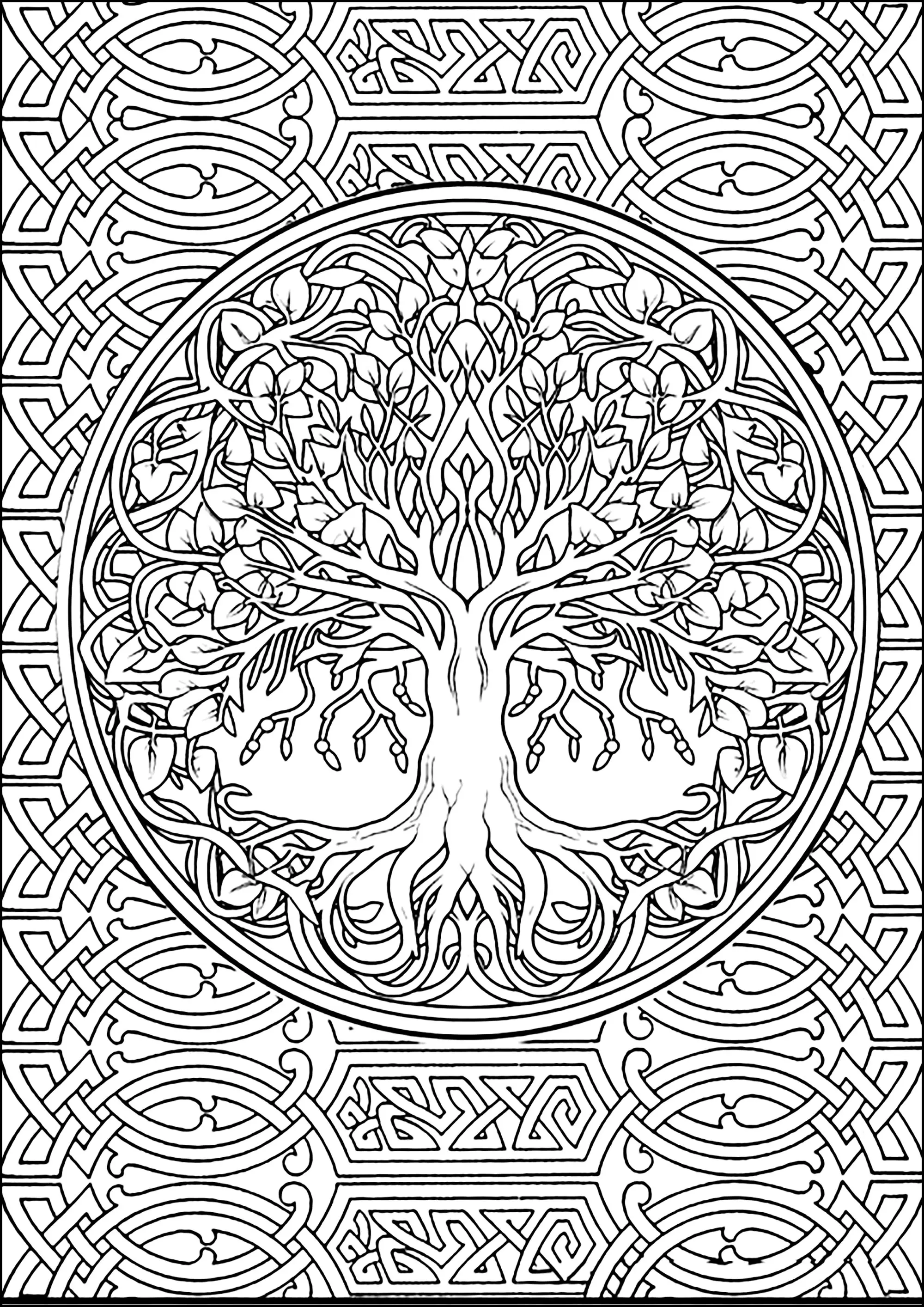 Dessin complexe de l'Arbre de la Vie (Coloriage d'Art Celtique à imprimer pour adultes)