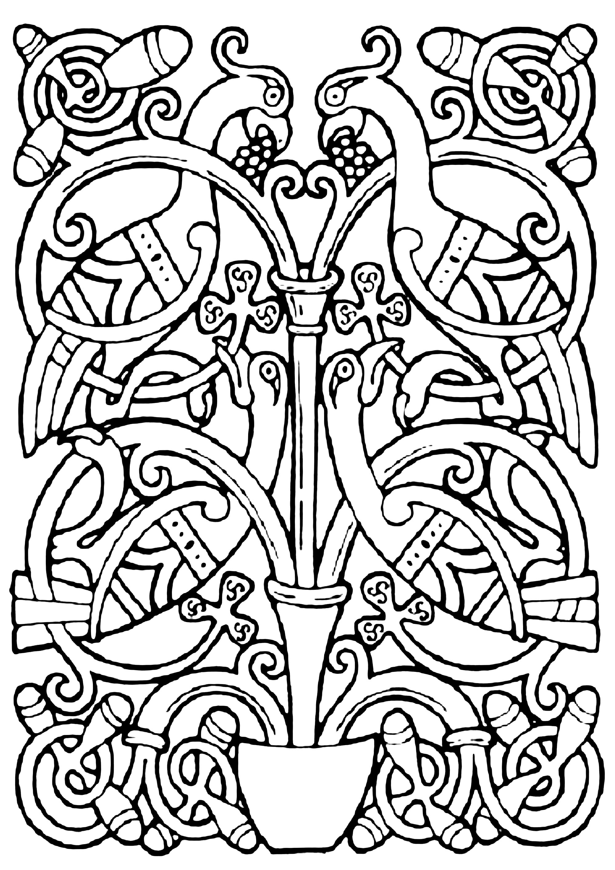 Dessin celtique représentant des oiseaux, avec des motifs celtiques entrelacés. Cette illustration ressemble à celles qu'on peut retrouver dans des manuscrits médiévaux tels que The Book of Kells.