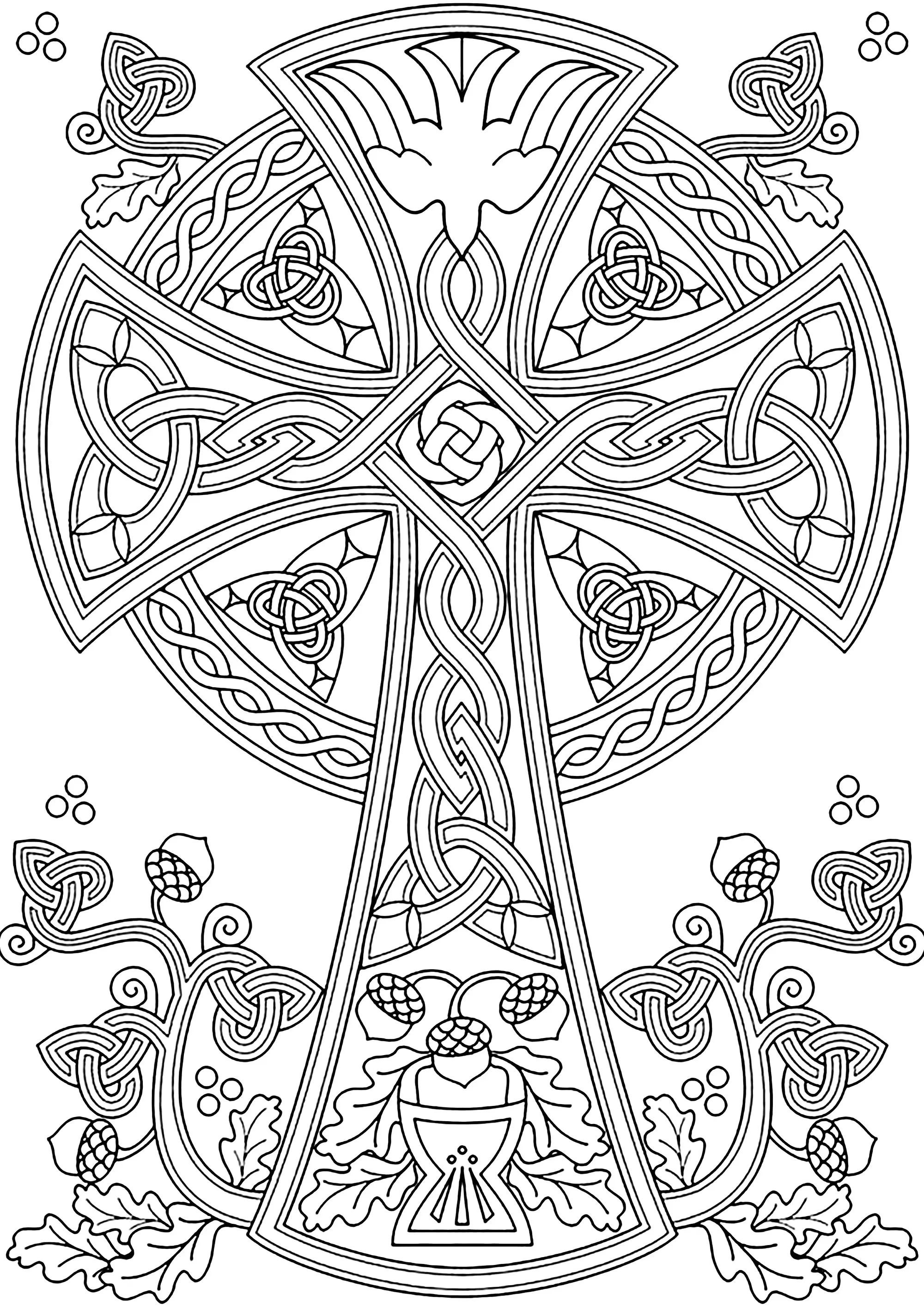 Croix Celtique et glands (Coloriage d'Art Celtique à imprimer pour adultes)